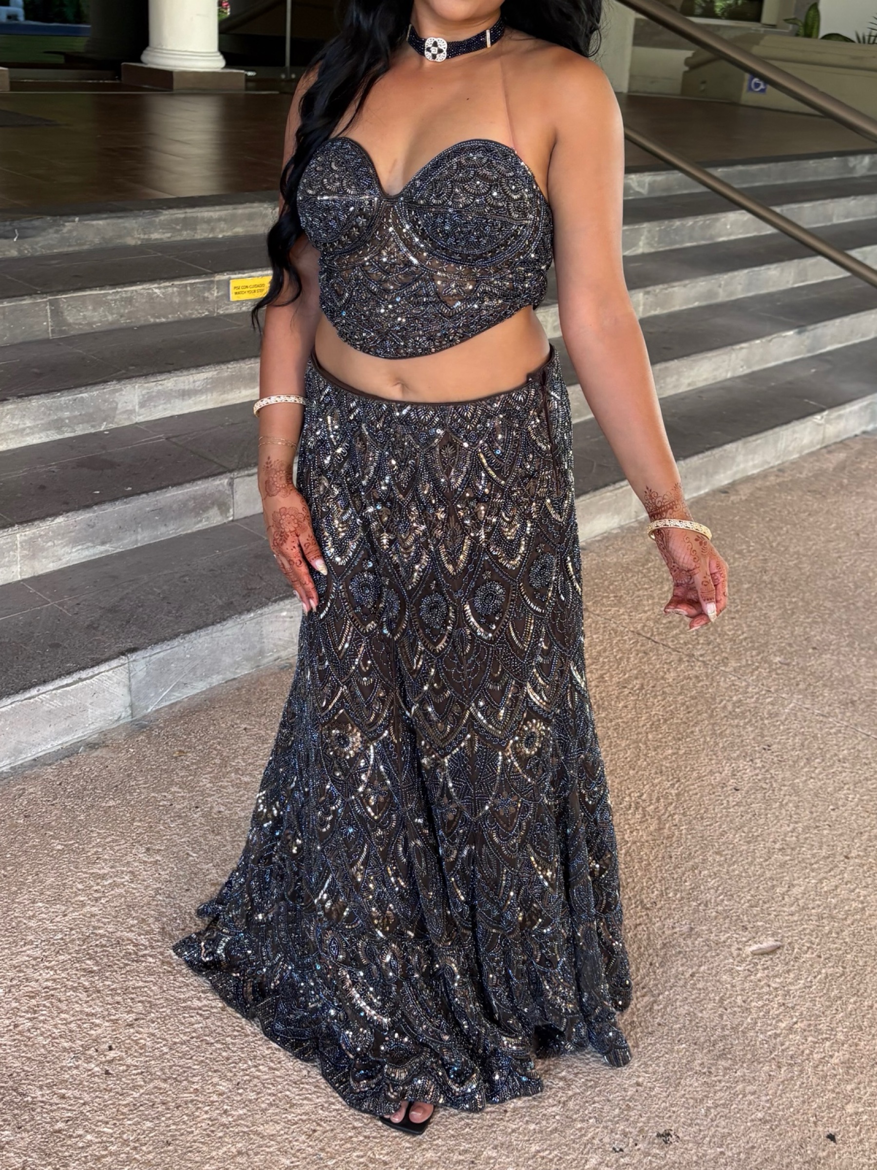 Black Beaded Sequin Two-Piece Dress by Indian lehenga