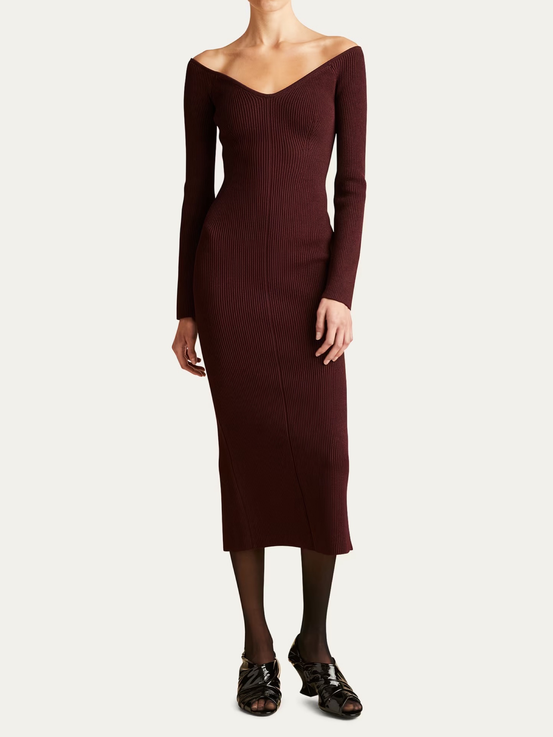 khaite burgundy dress Midi by Khaite shoulder neckline thats beautifully
