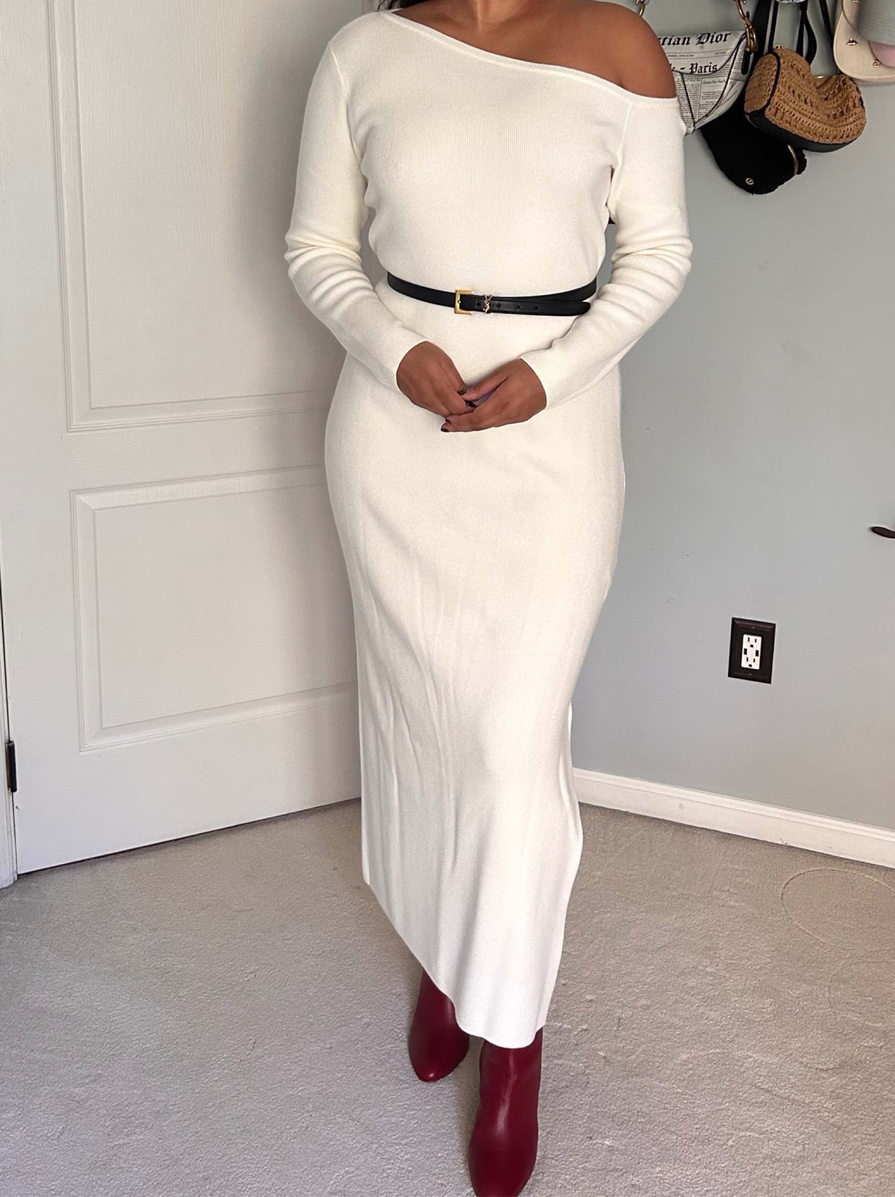 ribbed knit off the shoulder dress Cream Off-Shoulder Midi by Abercrombie & Fitch Formal dress