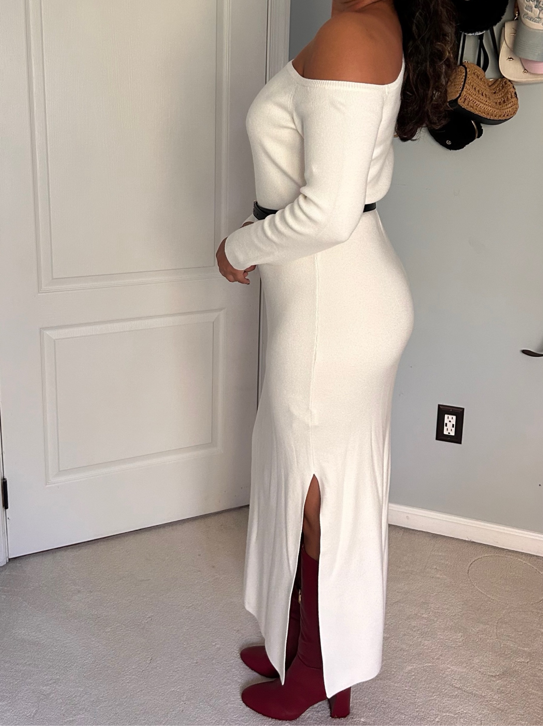 cream ribbed knitted dress Knit Off-Shoulder Midi by Abercrombie & Fitch spring occasion 26