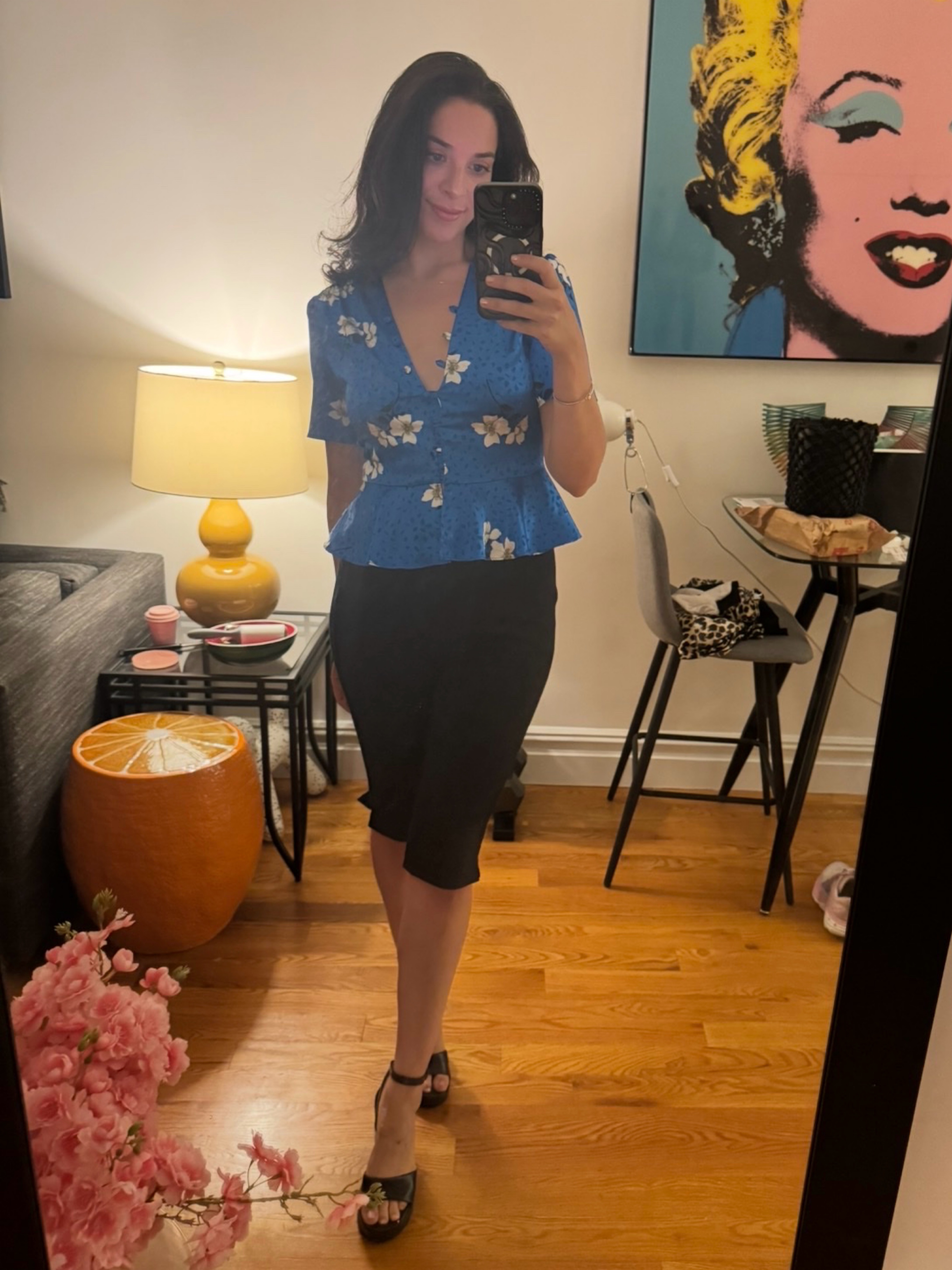 TOPSHOP Blue Floral Satin Peplum Top