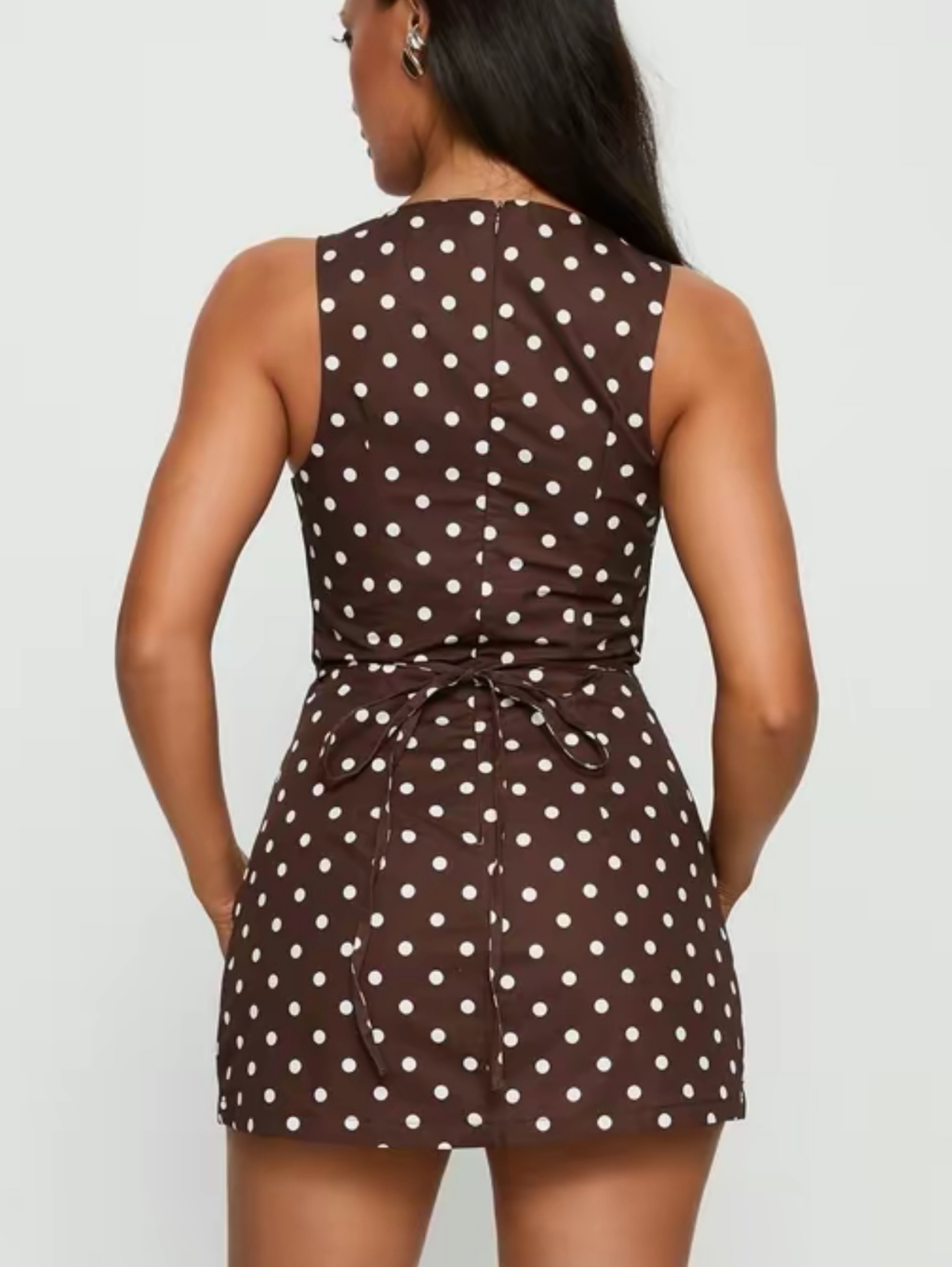 brown polka dot dress princess polly Karolie Halter Plunge Mini Dress Brown | Blue Polka Dot | Brown | Blue Polka Dot | Womens