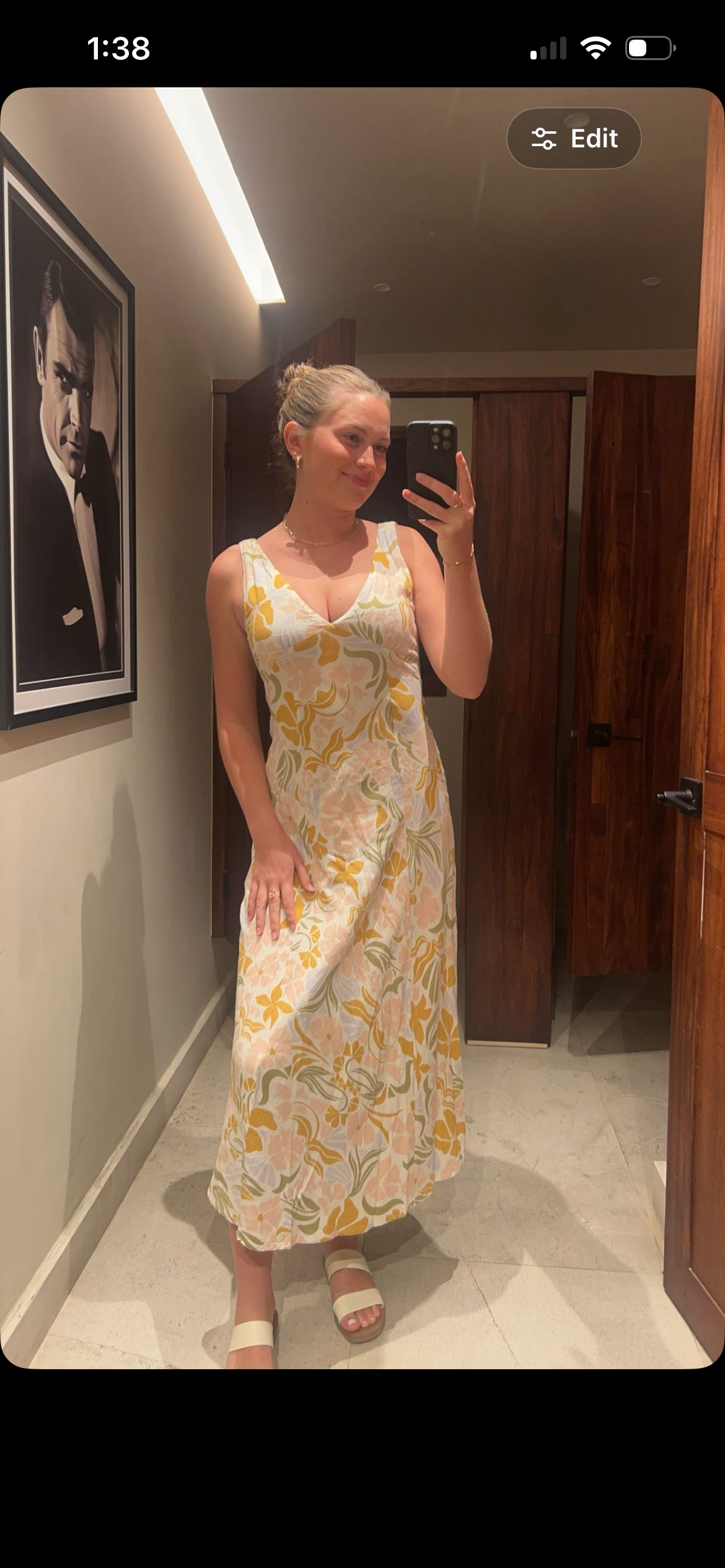 Cream Floral Print Linen Midi Dress