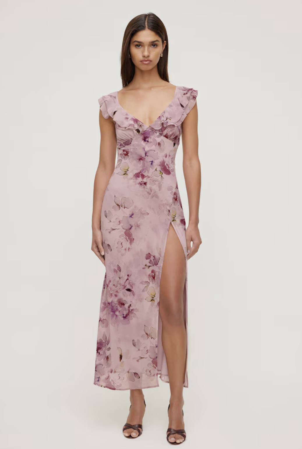 DYNAMITE Floral Ruffle V Neck Maxi Dress