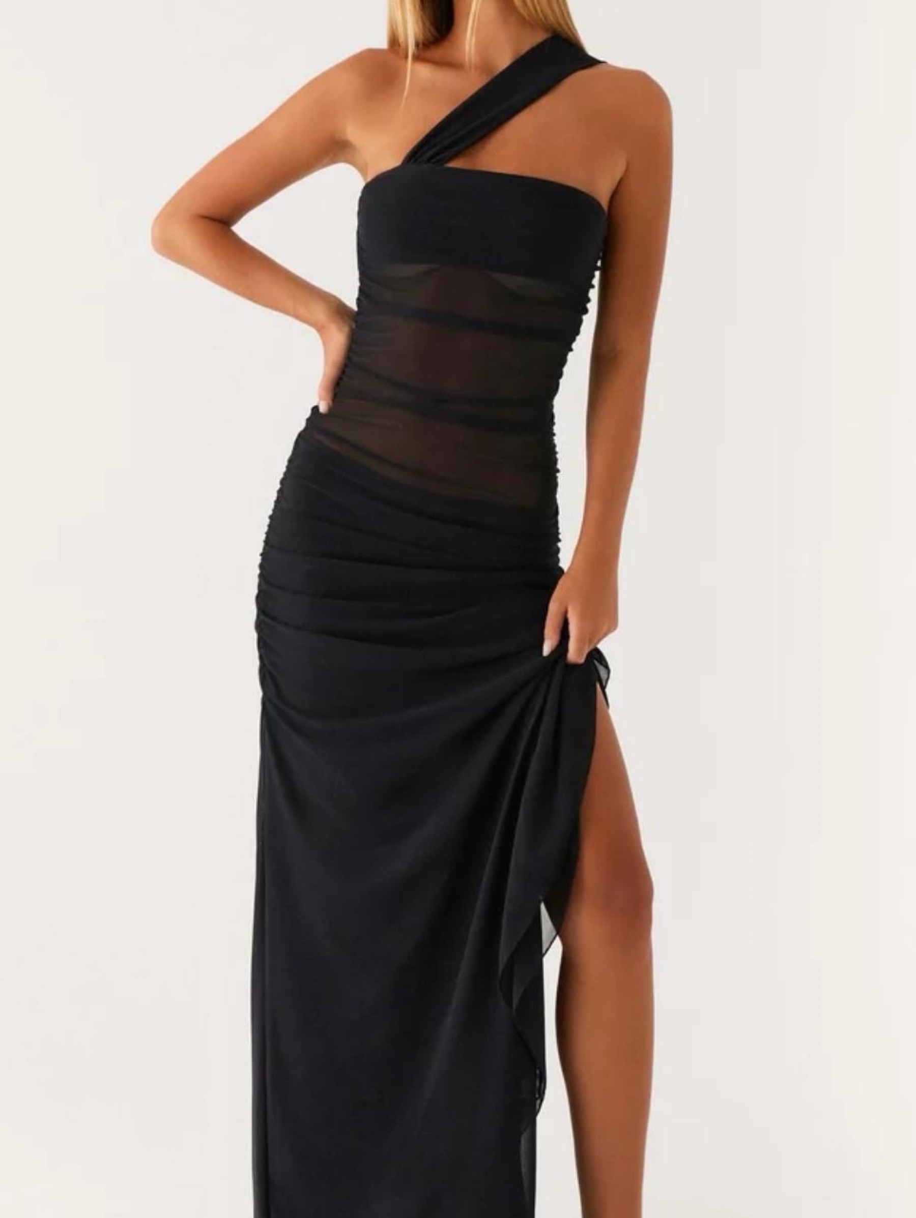 fiona formal one shoulder high slit dress Peppermayo black One-Shoulder Ruched Maxi by Peppermayo Bridal gown