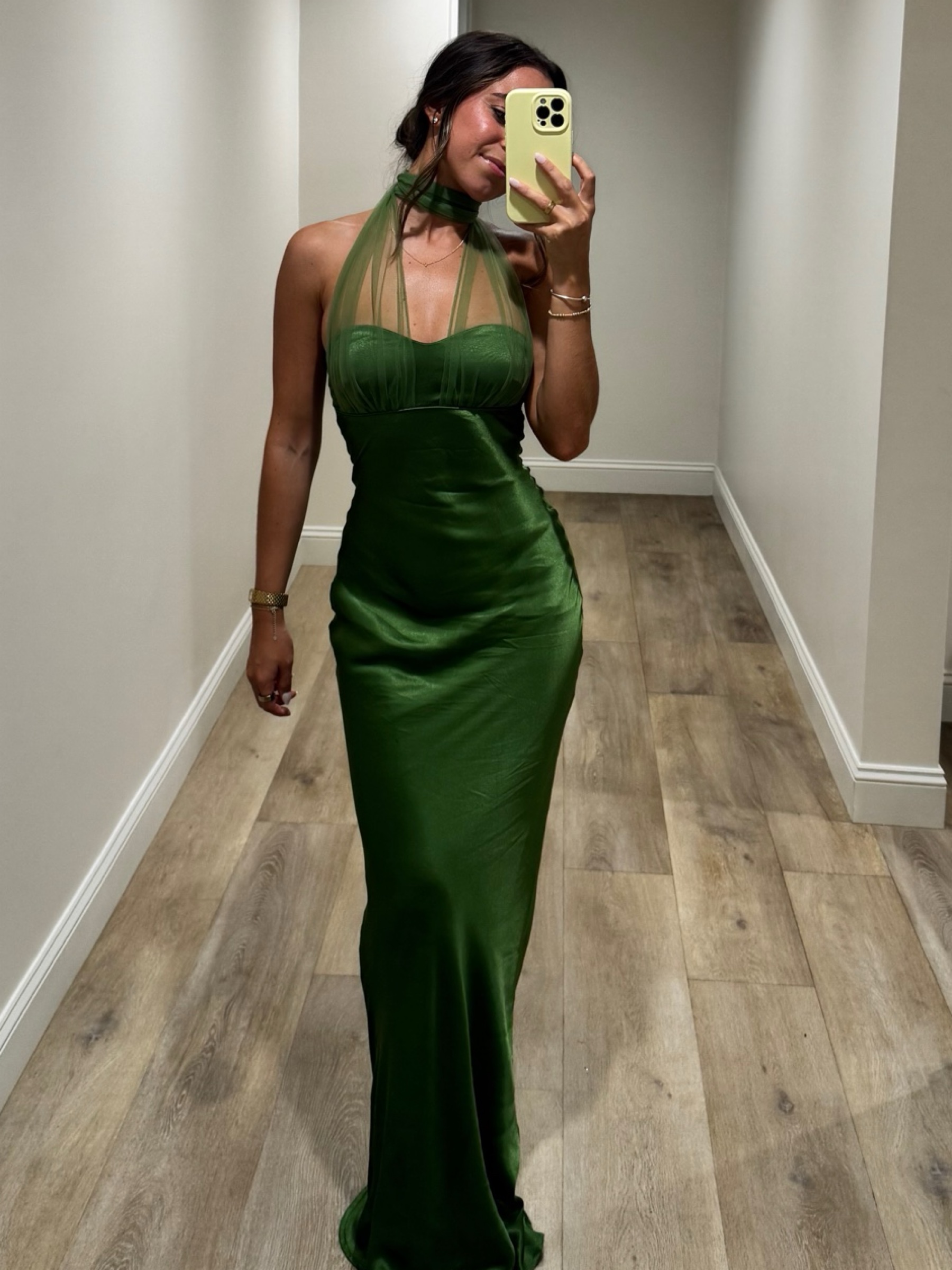Green Halter Neck Satin Gown by Hello Molly