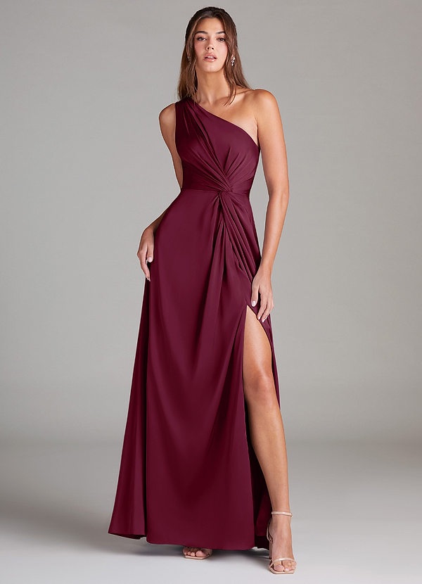 Azazie A Line One Shoulder Stretch Satin Dress by Azazie - Pickle