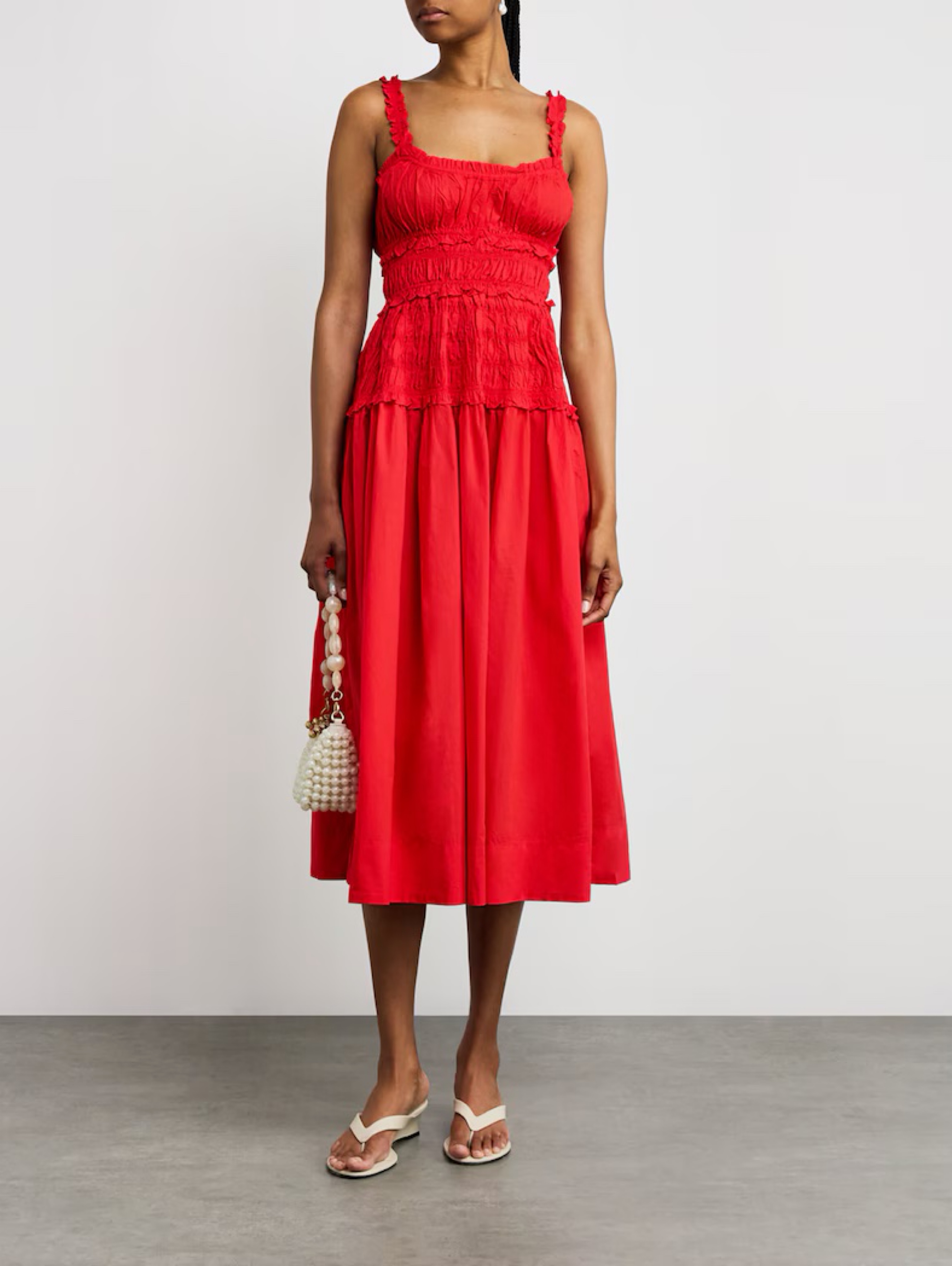 doen marianne dress red DEn Marianne Shirred Cotton-Poplin Midi Dress - Red