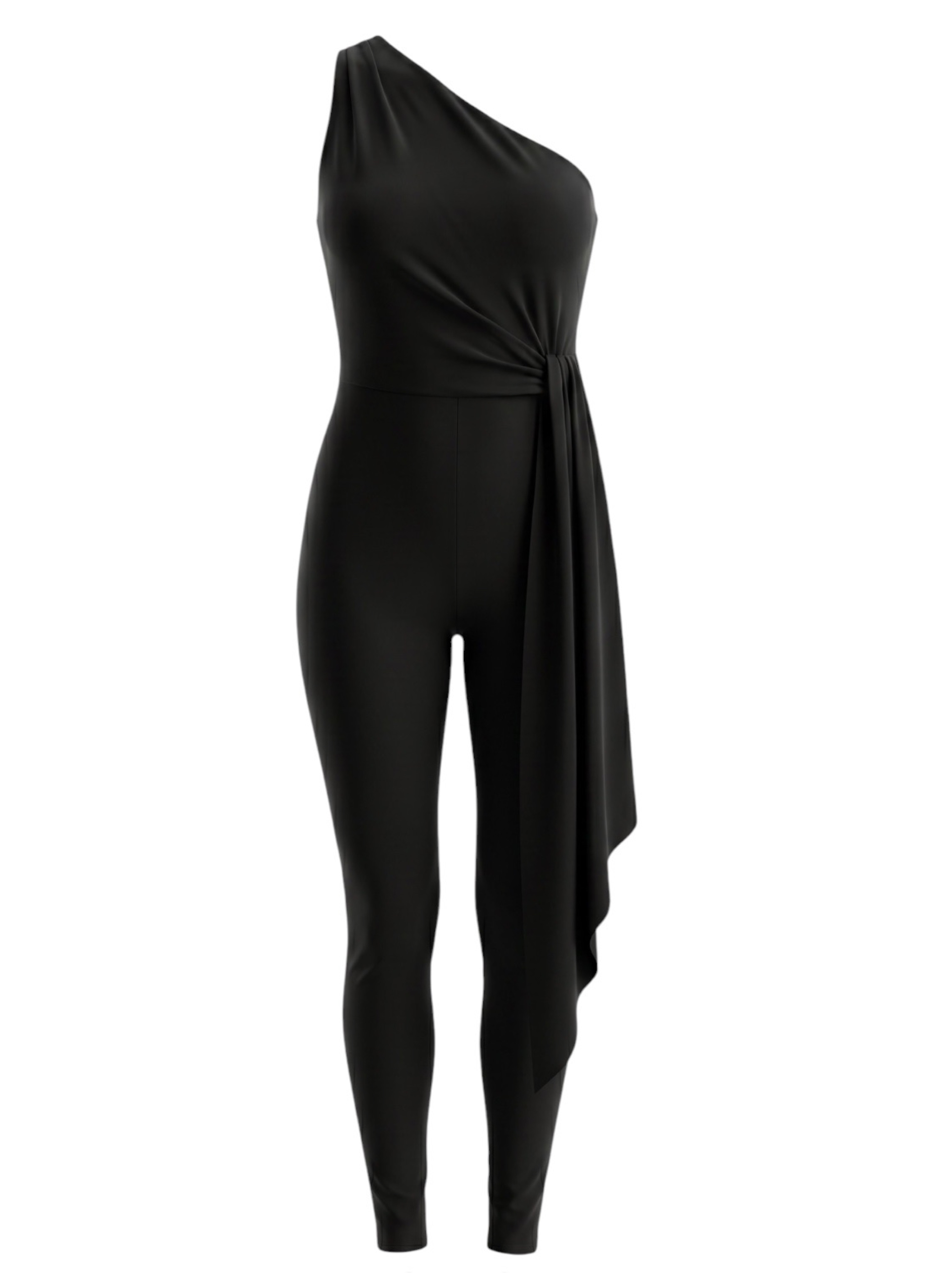 Ronny Kobo Celina One-Shoulder Draped Catsuit Jumpsuit Black Medium
