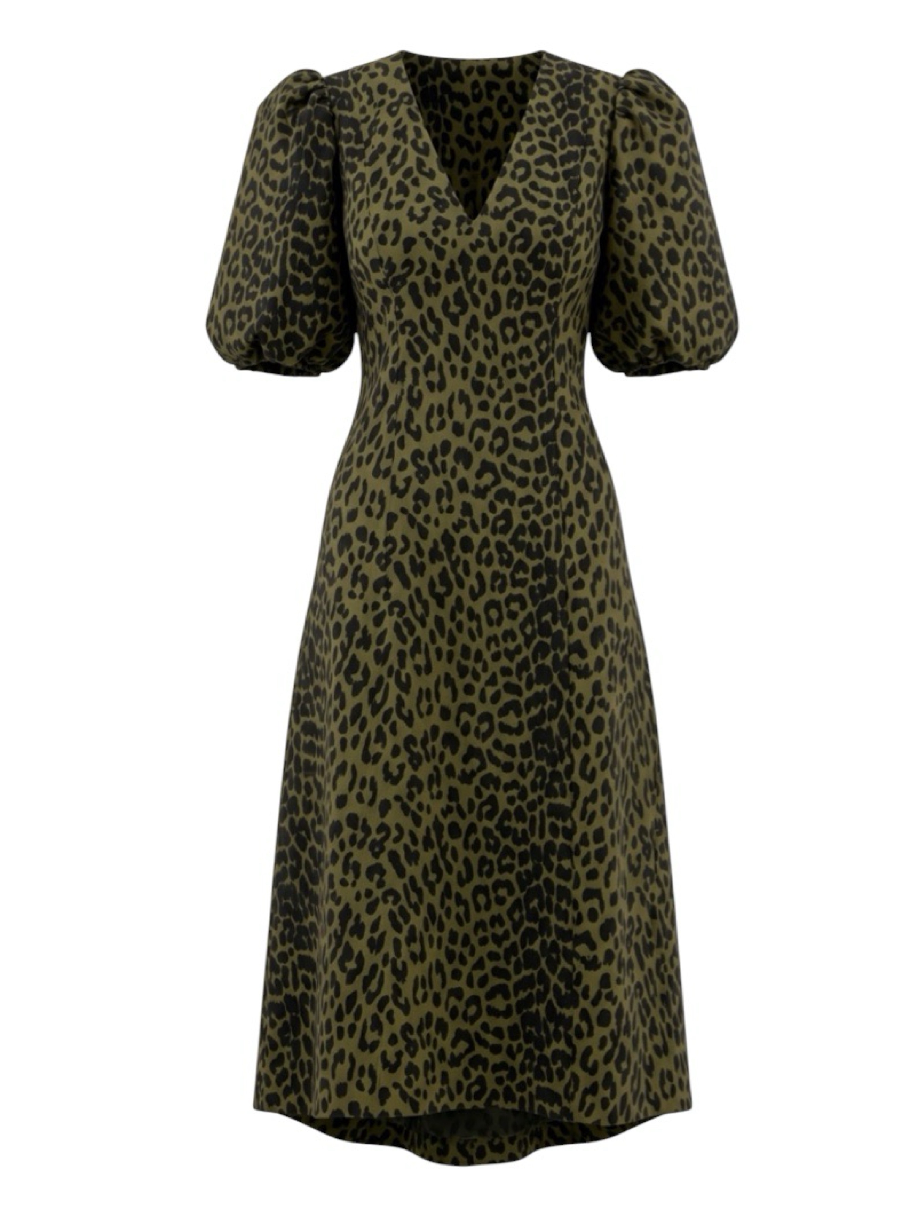 GANNI Leopard Print Crispy Jacquard Puff Sleeve Midi Dress