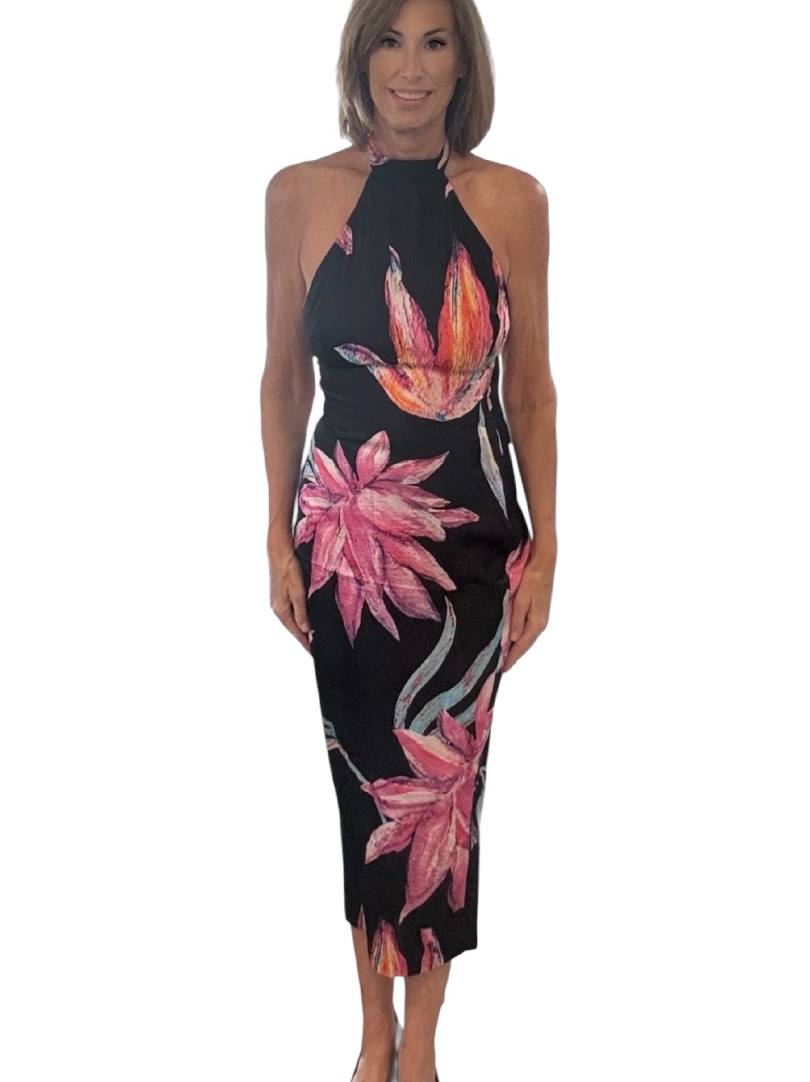 Rococo Sand Margo Midi Dress Black Floral Halter Size S
