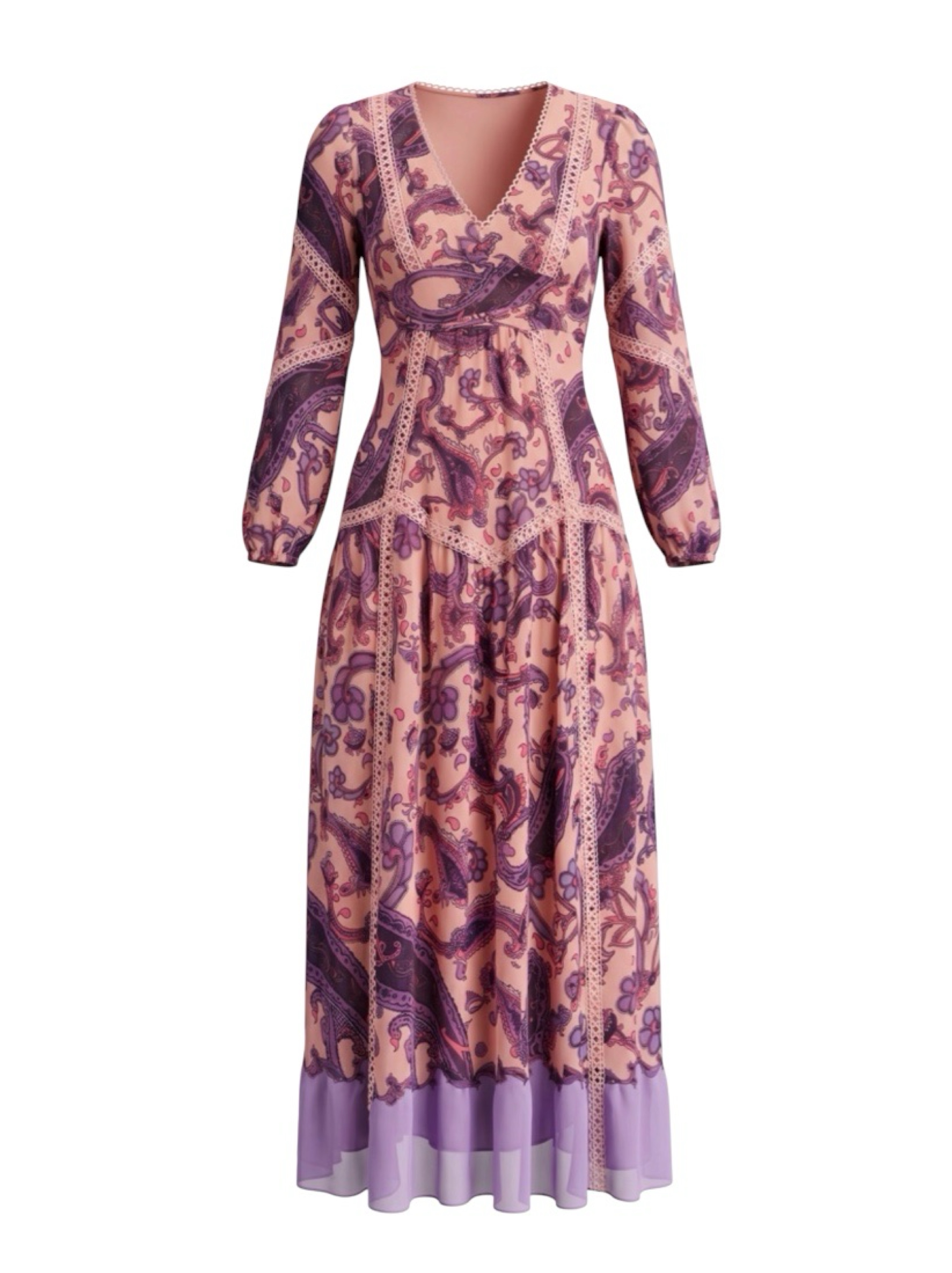 Hemant & Nandita Jaya Purple Paisley Lace Trim Maxi Dress
