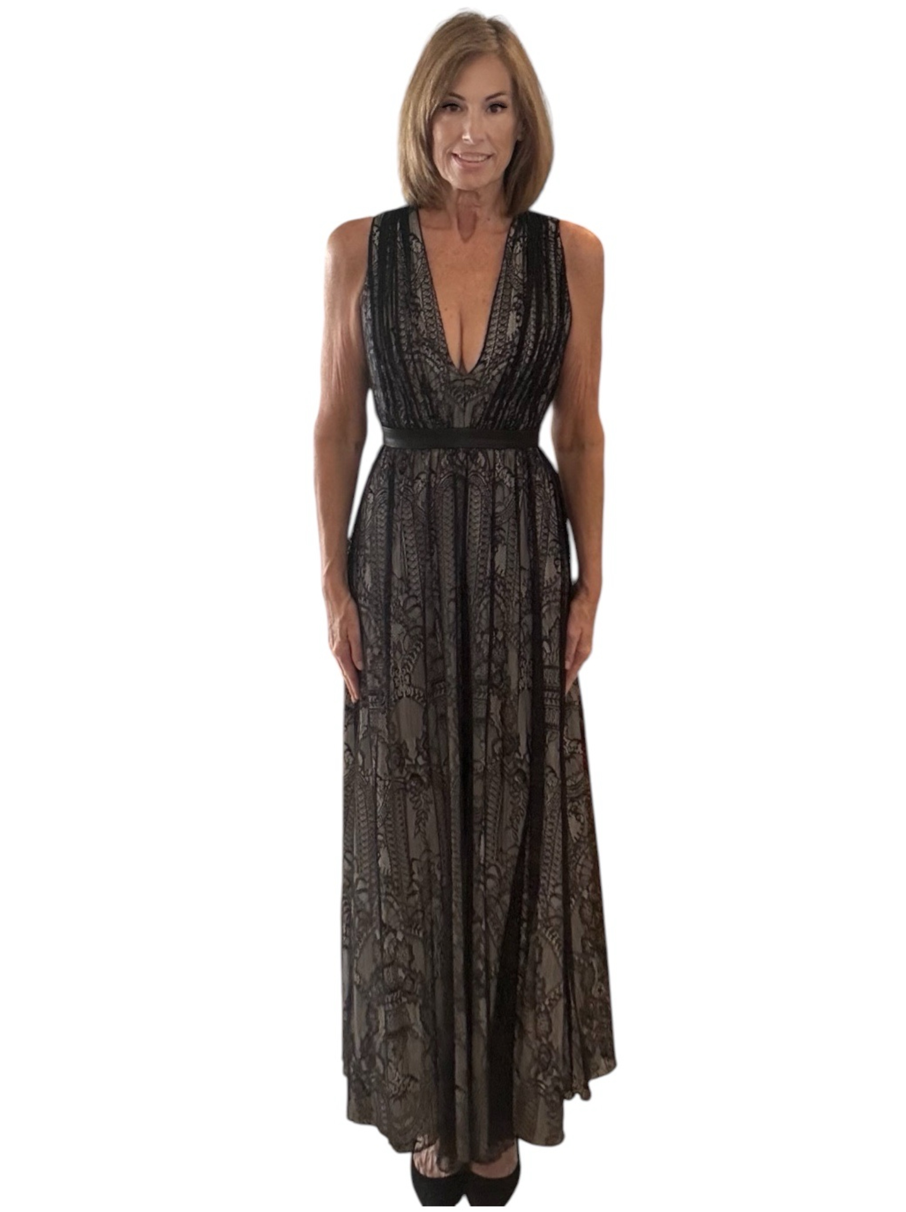 Alice + Olivia Sybil Black Lace Plunging Maxi Gown Size 6