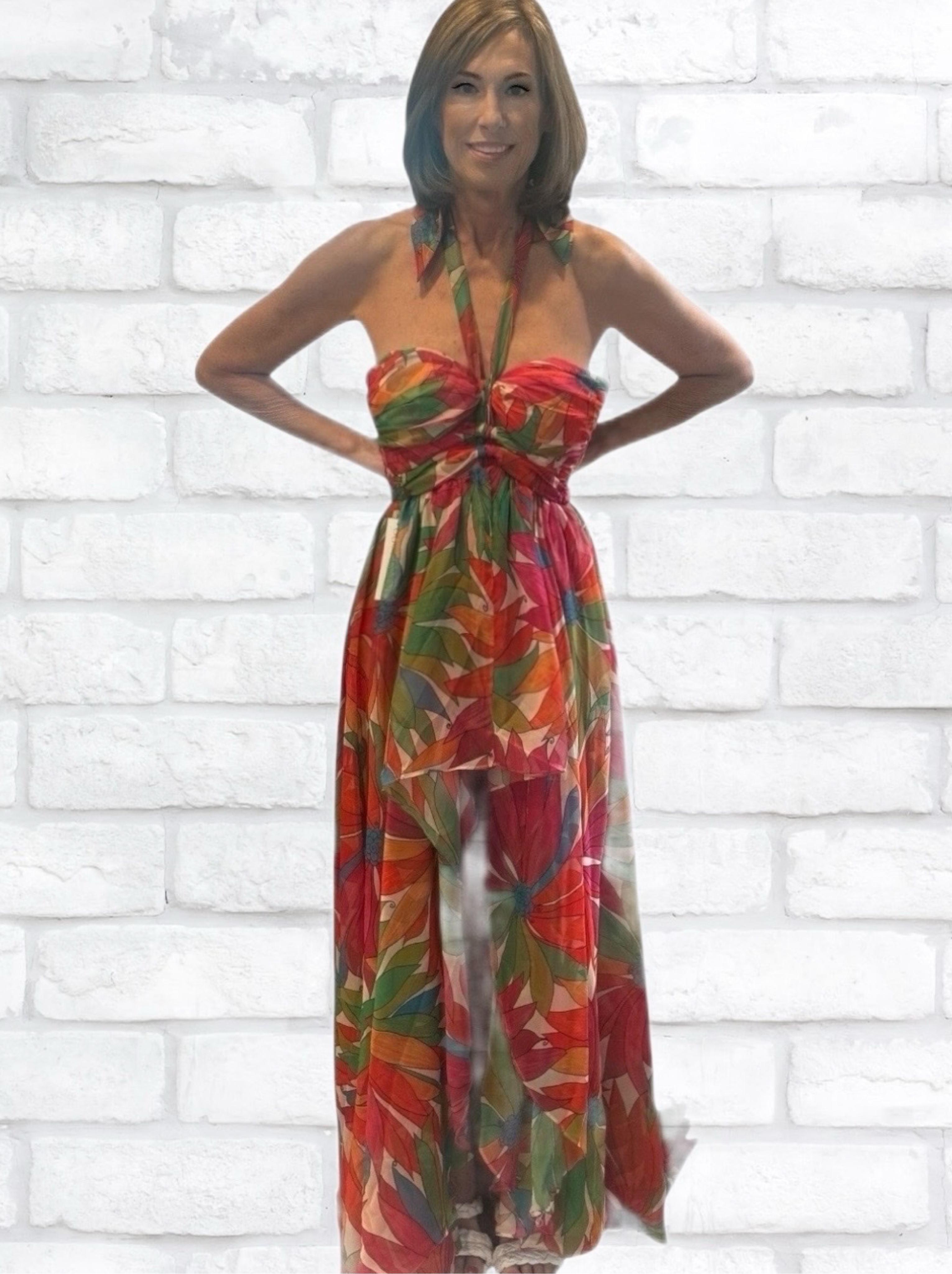 Ronny Kobo Natasha Jungle Floral Silk Halter Maxi Gown