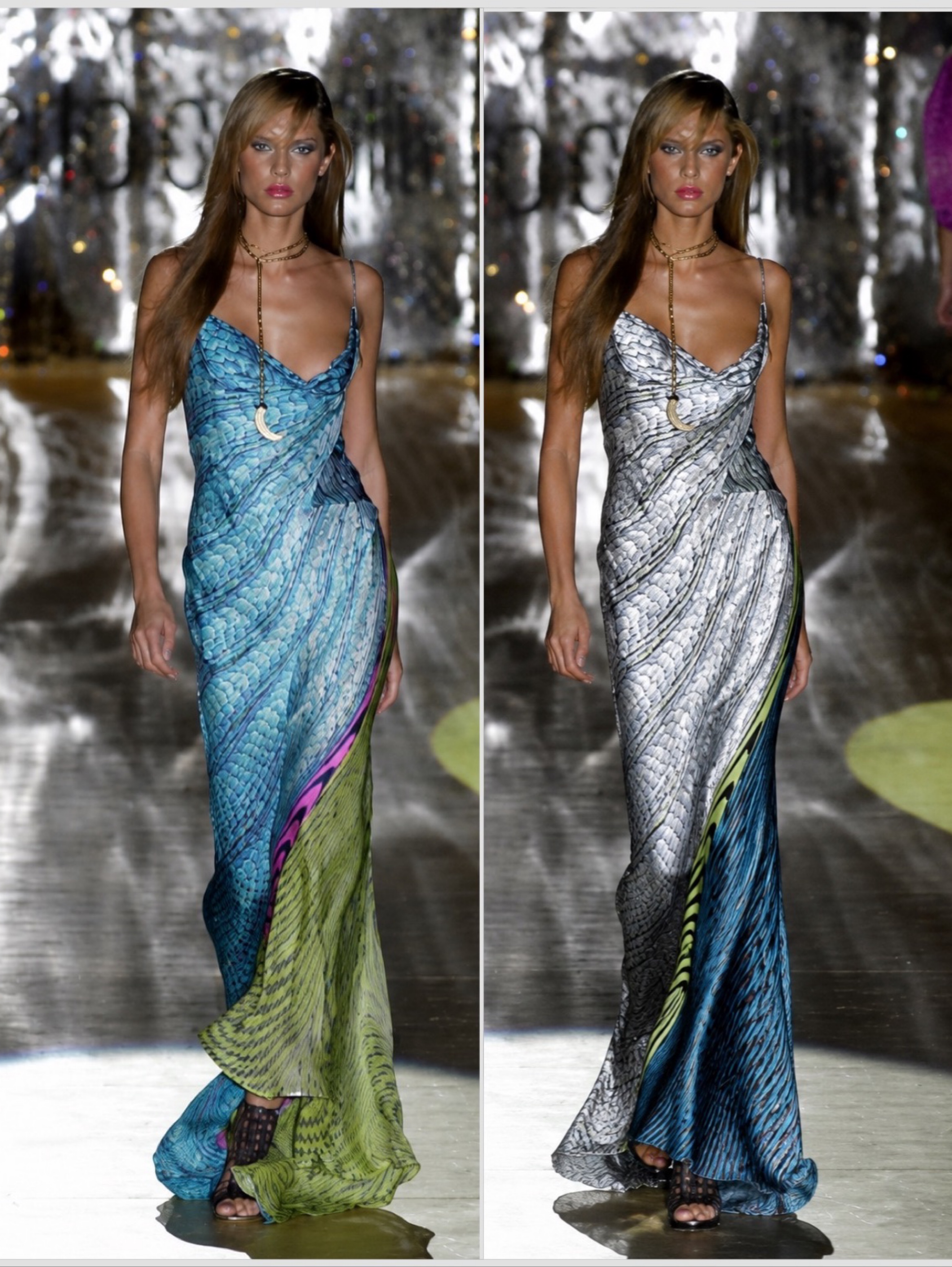 Roberto Cavalli SS 2001 Archival Silver/Blue Psychedelic/Python Print Silk Gown