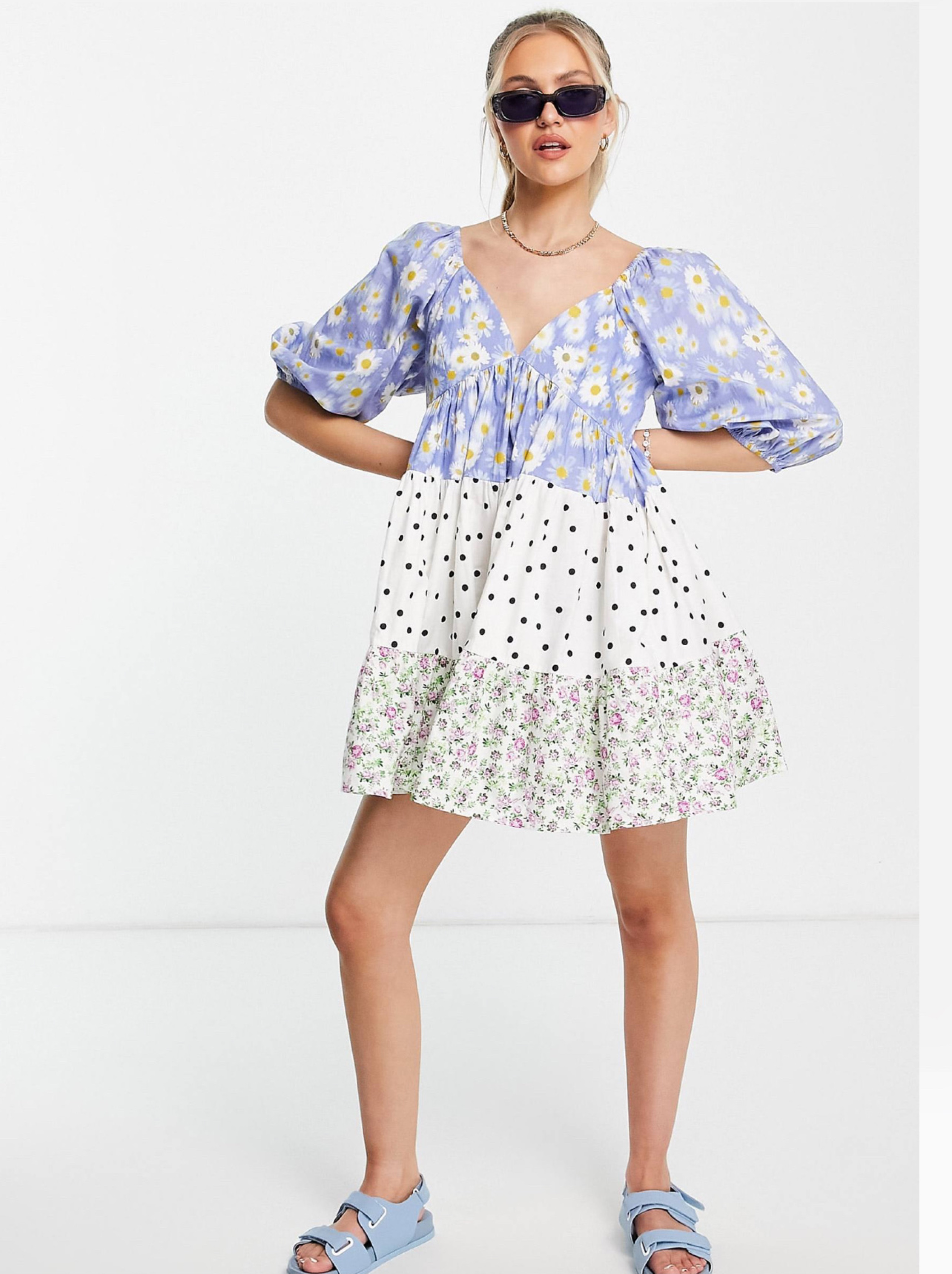 asos design mixed print tiered babydoll mini dress Asos Design Mixed Print Tiered Babydoll Mini Dress