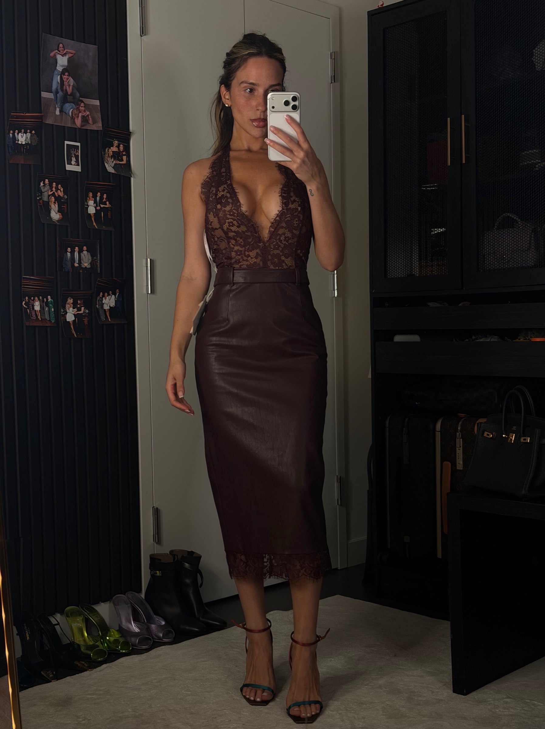 Miss Circle Burgundy Leather Lace Midi Dress by Miss Circle