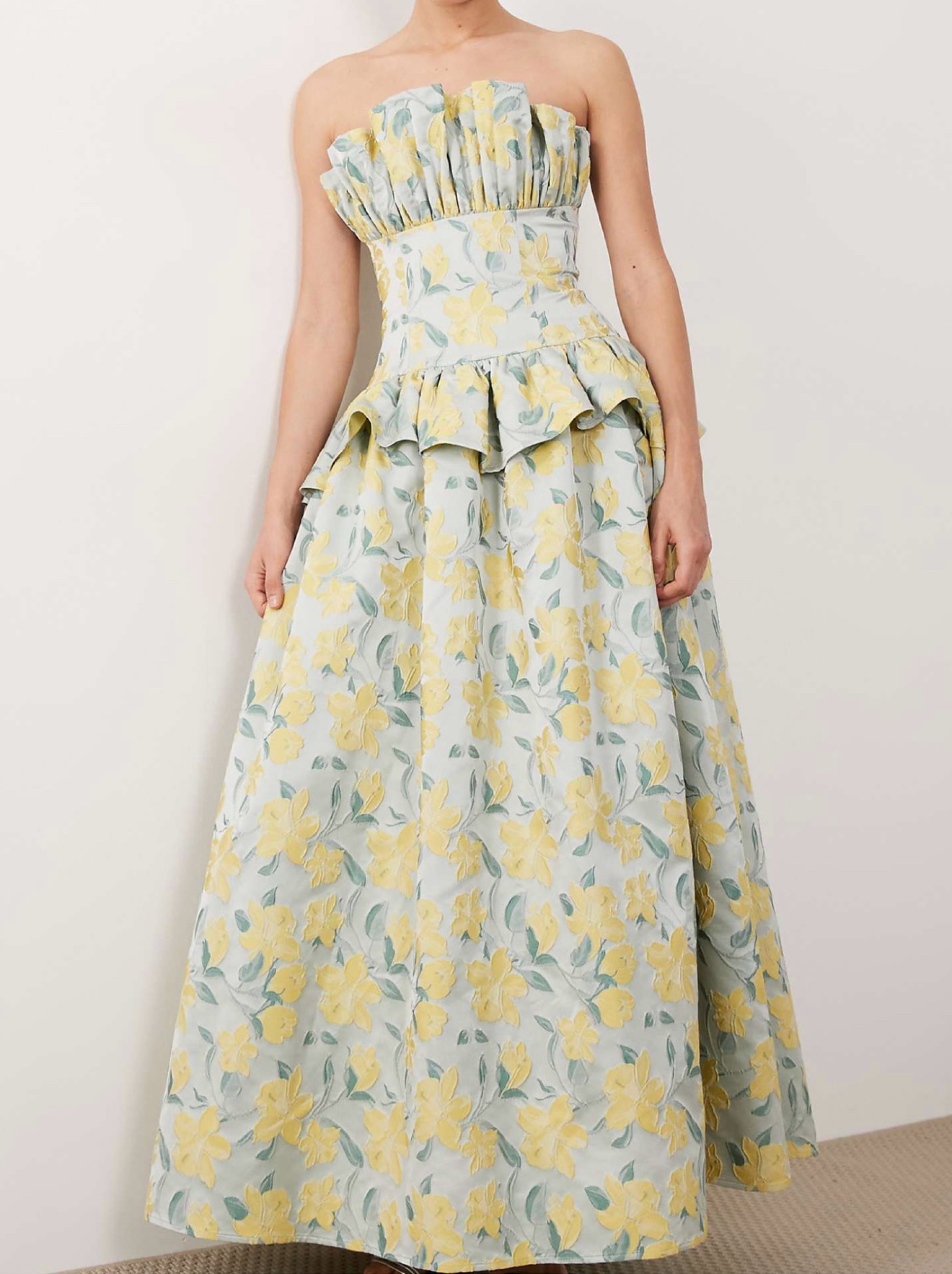 Yellow Floral Strapless Floor Length Dress