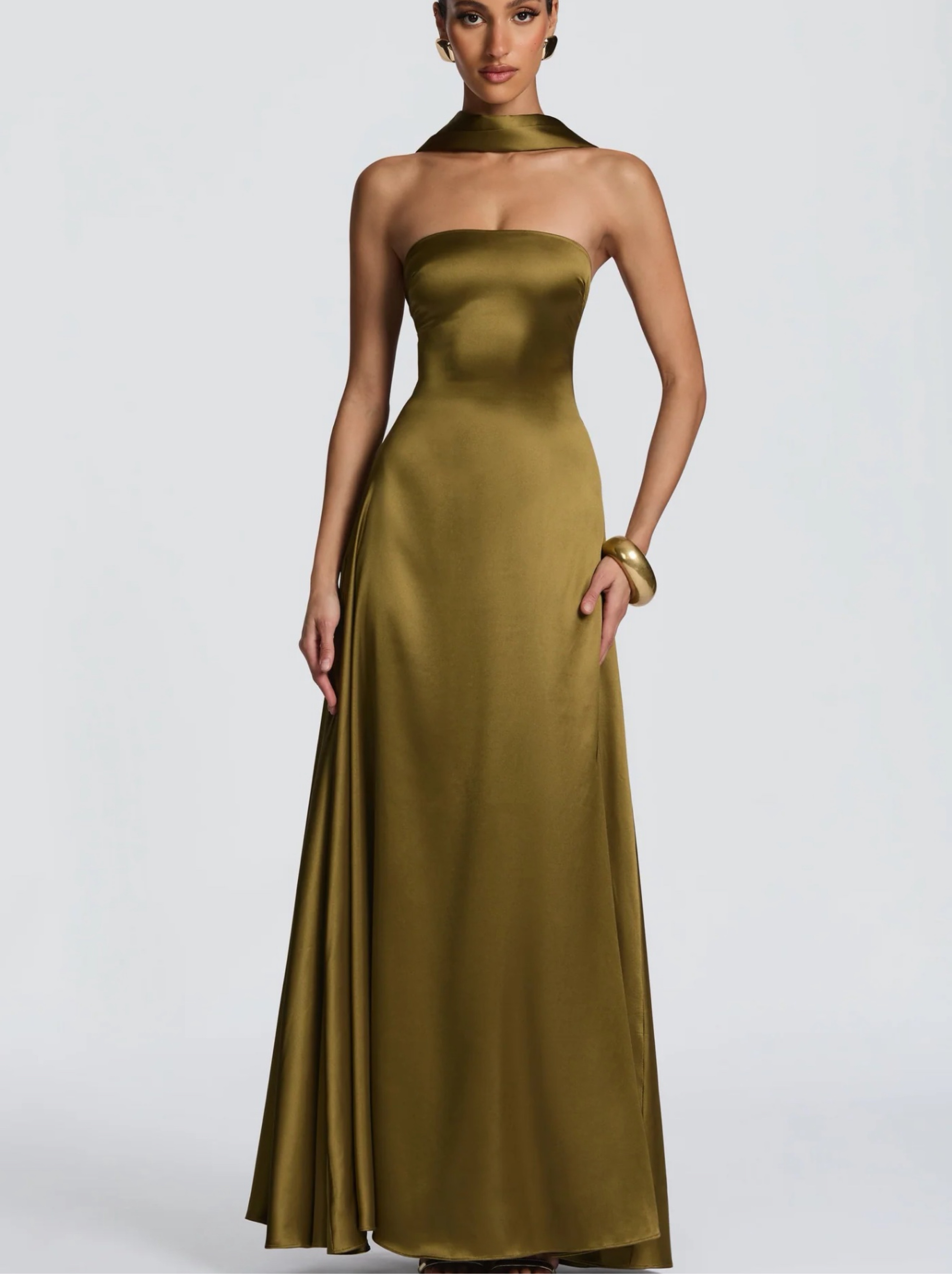 Babyboo Olive Green Satin Maxi Dress