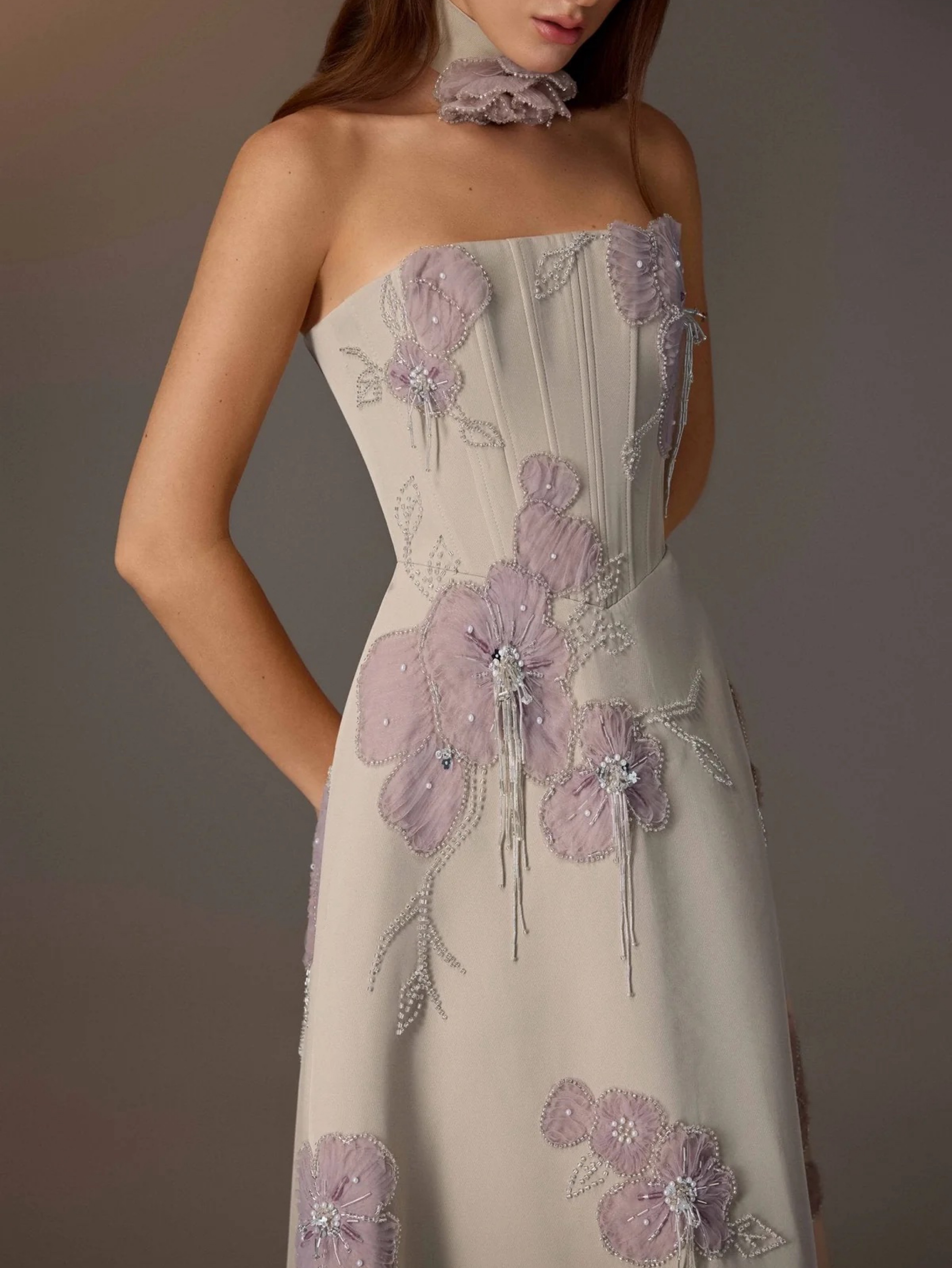 Embellished Taupe Corset Midi Dress