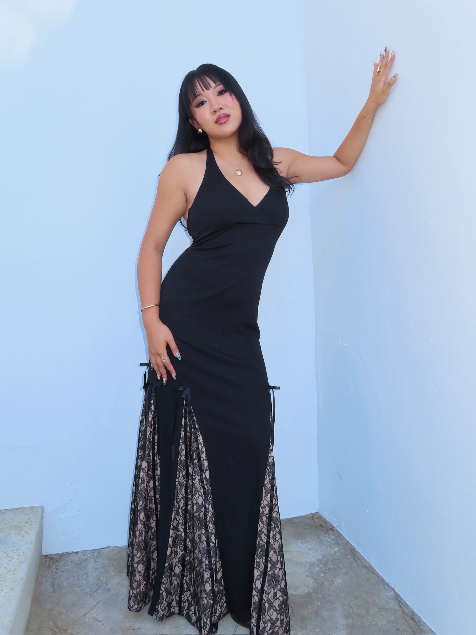 Black Halter Lace Maxi Dress by Vintage - Pickle