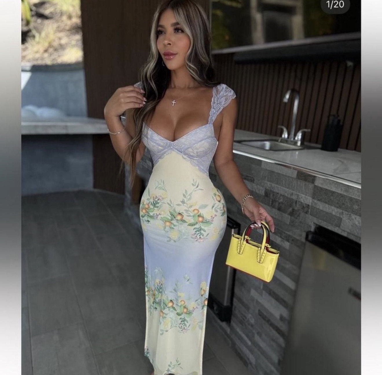 Floral Print Lace Bodycon Maxi Dress by Calibabe - Pickle