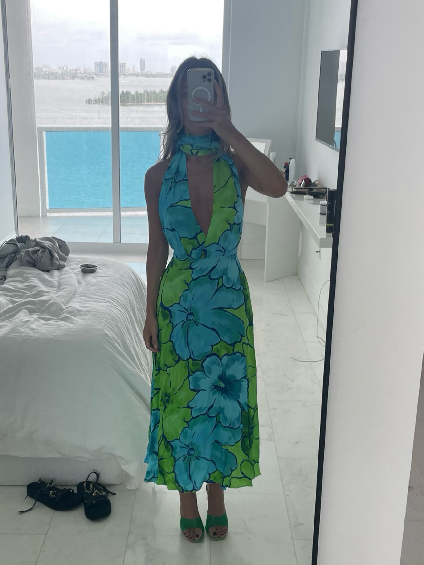 Mirae Green & Blue Colorblock Midi Dress | Destination Wedding Midi Dress, Resort Halter Dress by Mirae