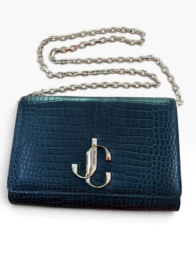 Jimmy Choo Navy Blue Croc-Embossed Leather Clutch or Shoulder Bag