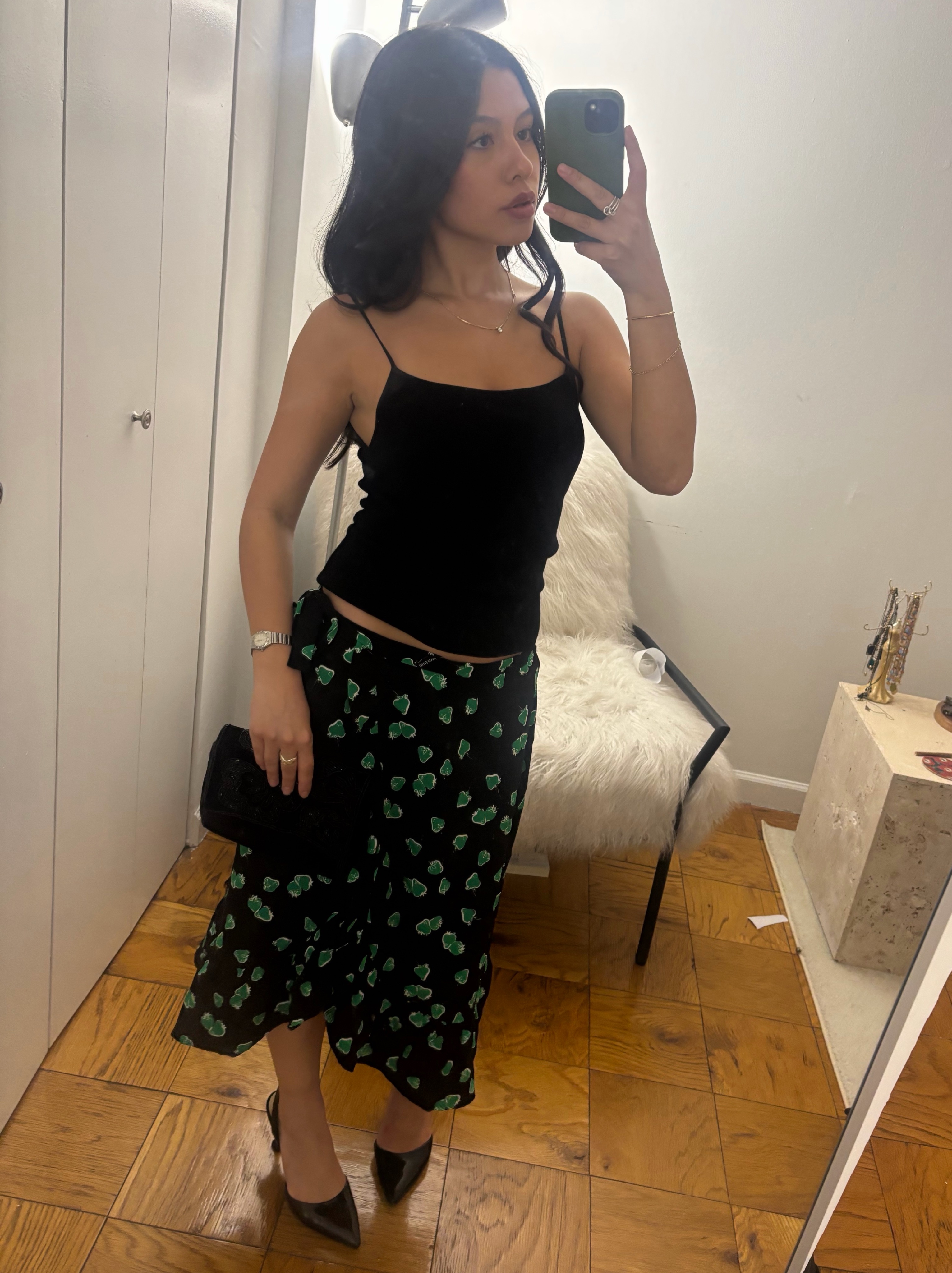 Miu Miu Green Strawberry Black Skirt by Miu Miu - Pickle
