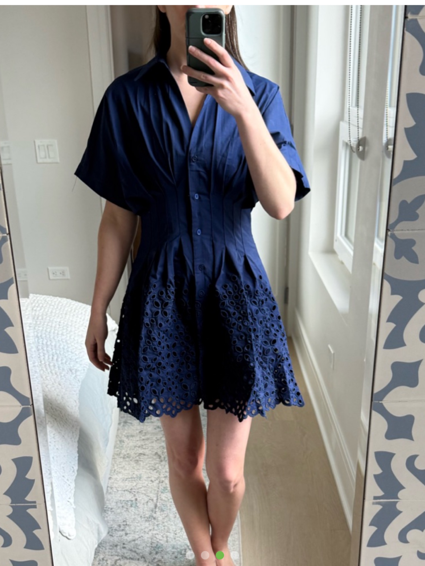 Anthropologie Navy Blue Eyelet Cotton Shirt Dress by Anthropologie