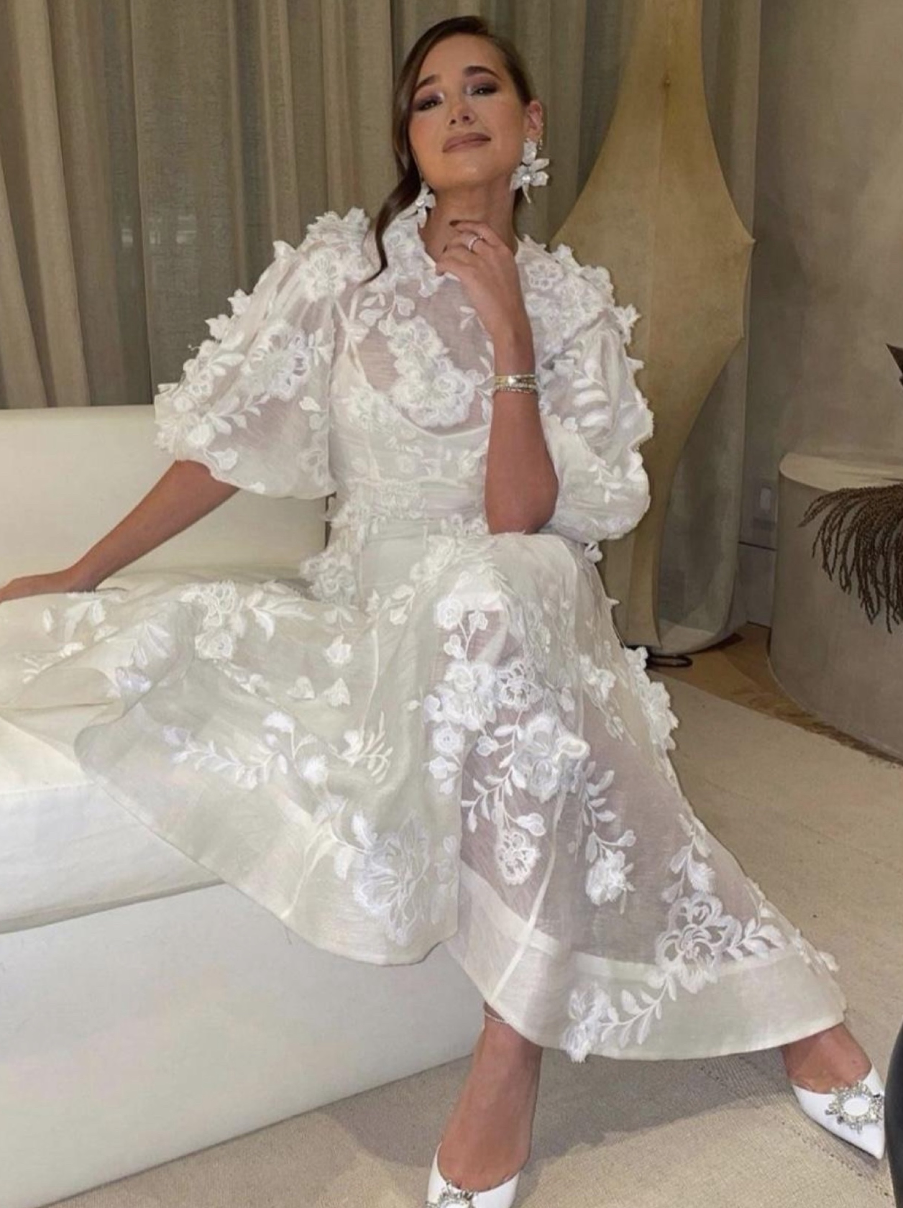 zimmermann floral appliqu midi dress She is a dream , The Zimmermann Floral-appliqud midi gown is crafted in a luxurious silk-linen organza blend, adorned with delicate yellow beaded floral appliqus that shimmer in the light., A true