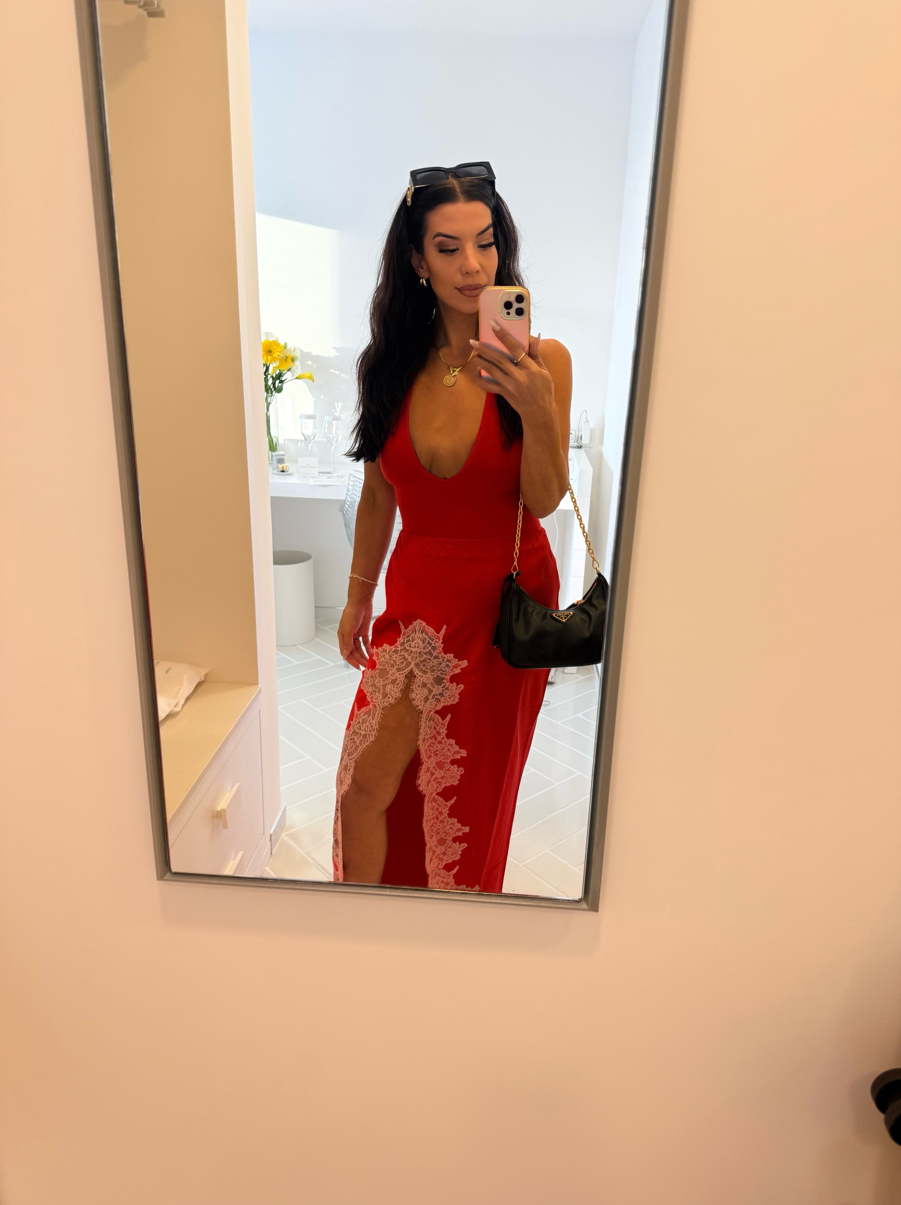 Skims Red Silk Lace Maxi Skirt