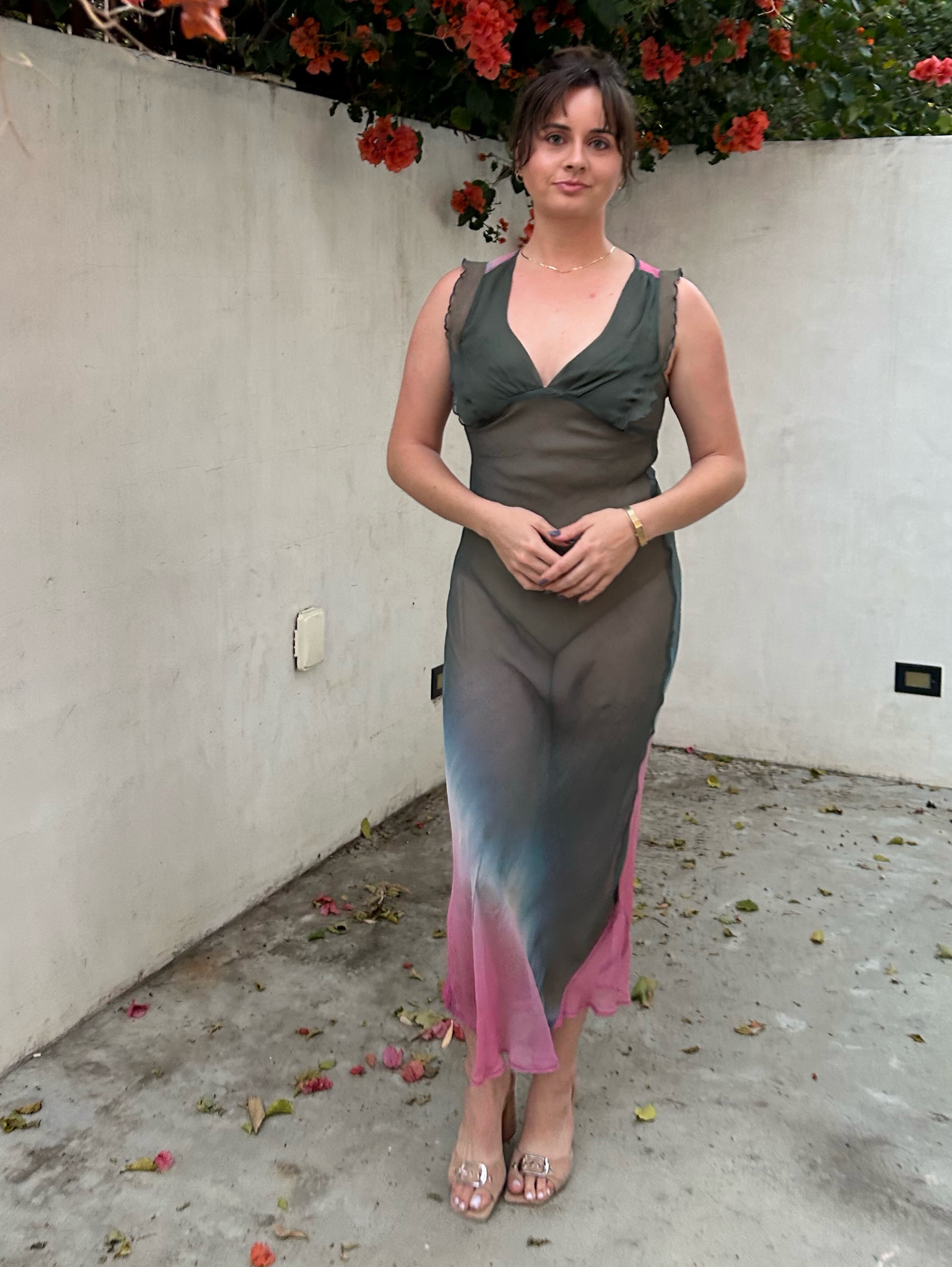 Green + Pink Silk Dress by Vintage