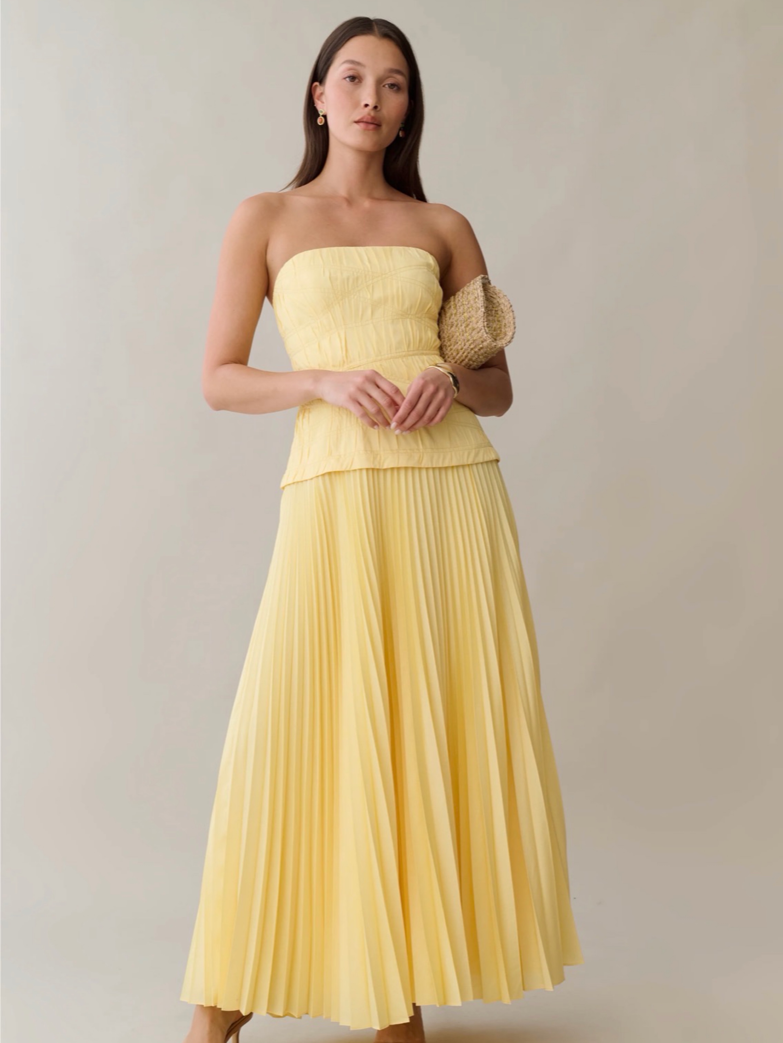 yellow pleated strapless dress Strapless Pleated Flared Dress  M.R DESIGN