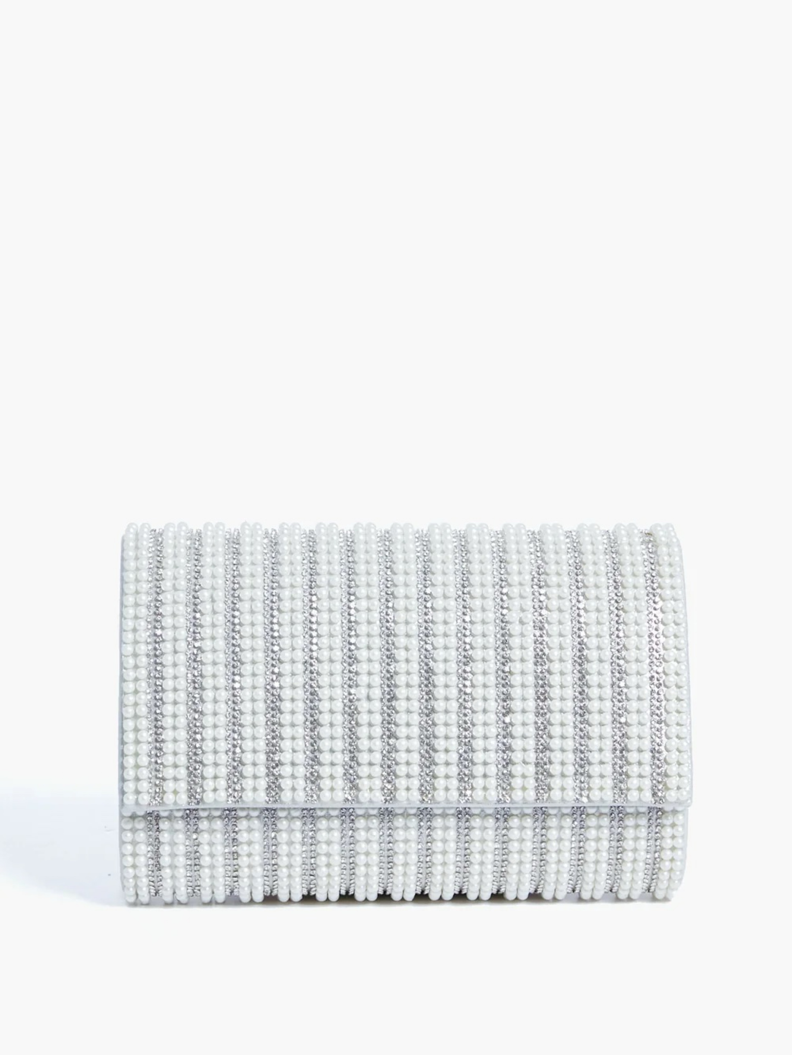 Olga Berg Pearl & Crystal Evening Bag – White/Silver | Clutch & Chain Crossbody