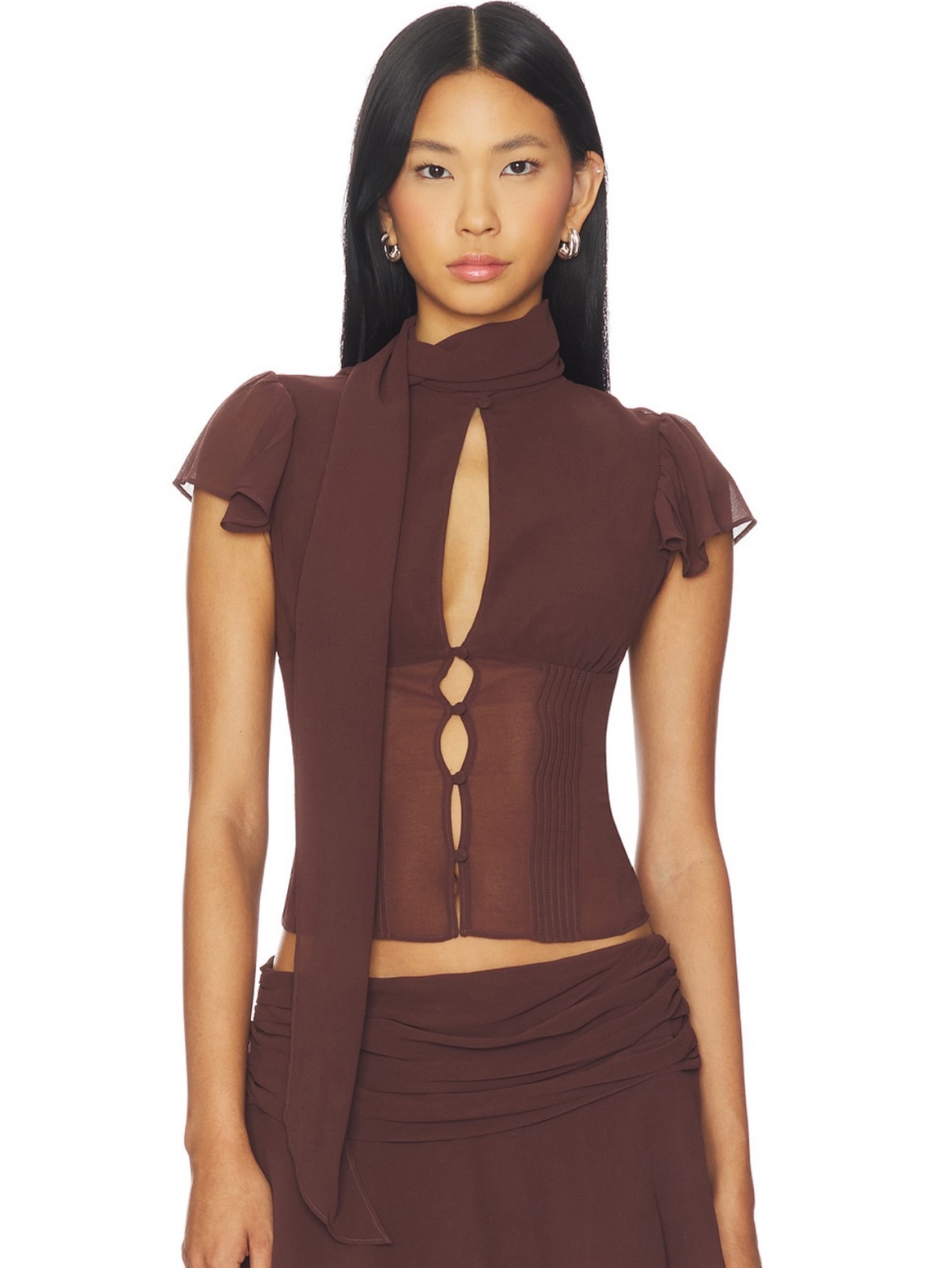 Danielle Guizio Brown Sheer Tie-Neck Skirt Set (Small) 🤎