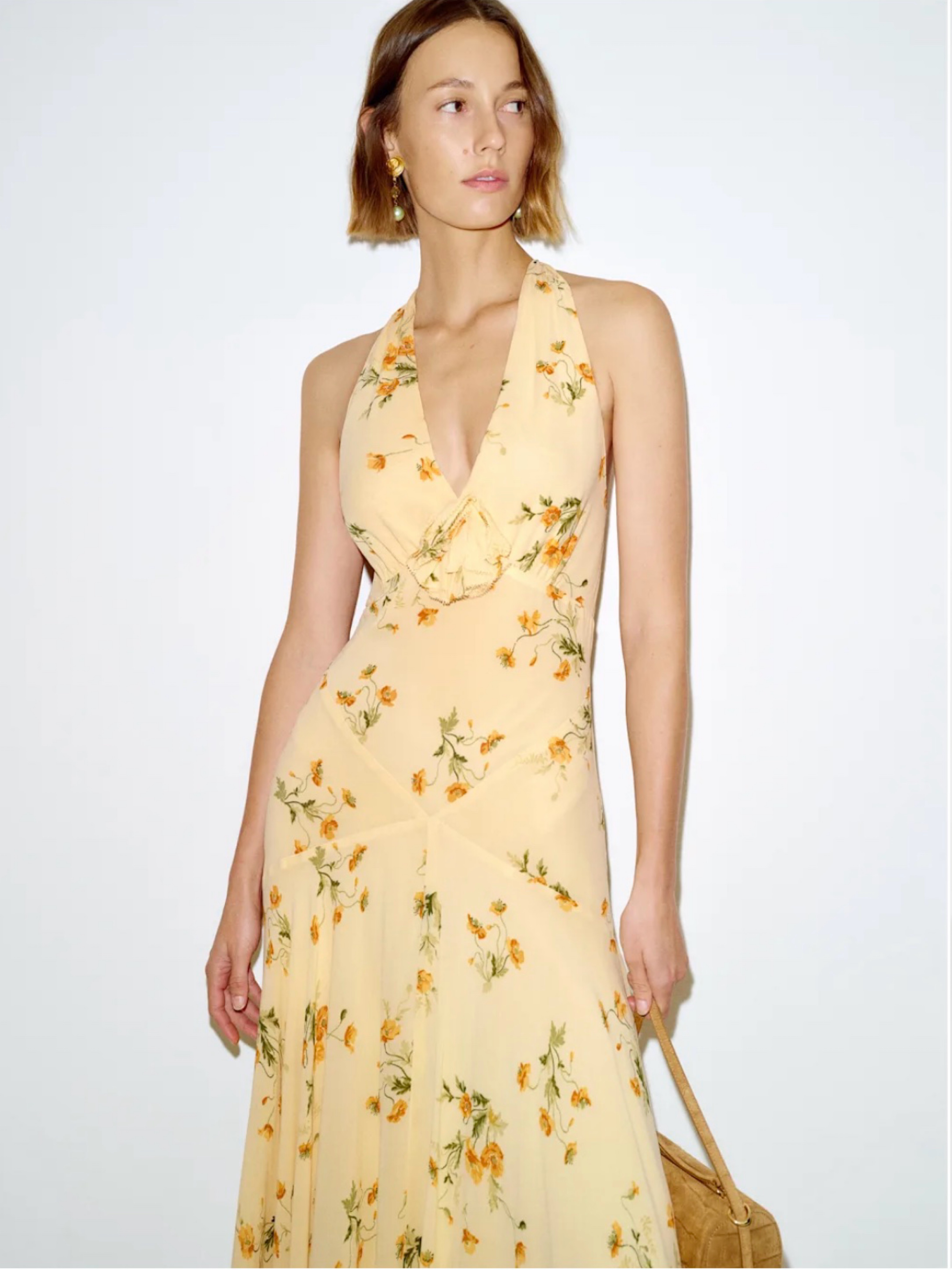 reformation yellow midi dress Reformation Gloria floral-print puff-sleeve Midi Dress | Yellow