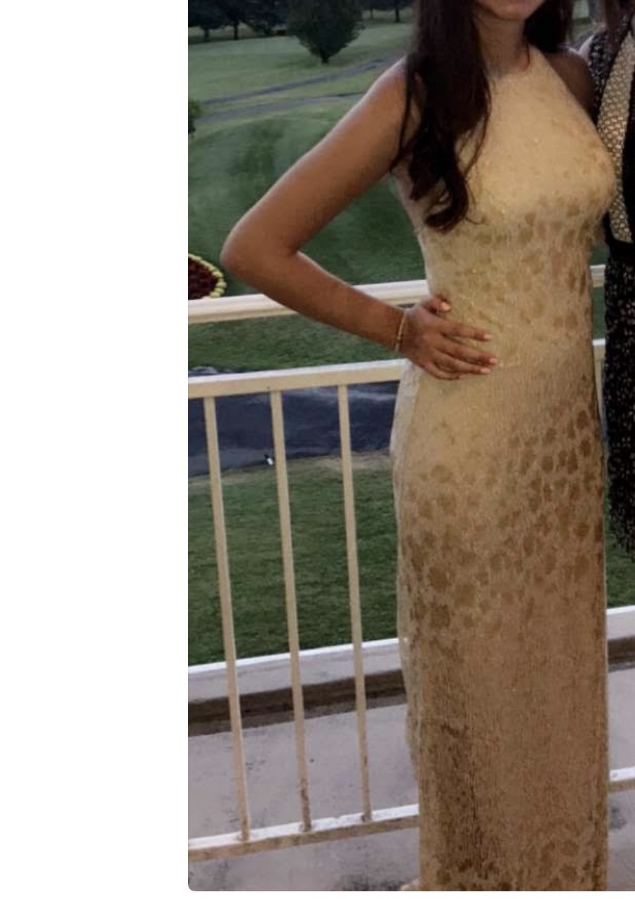 Gold Gown with lace print detail- Tadashi Shoji | Black Tie Wedding Guest  by Tadashi Shoji - Pickle