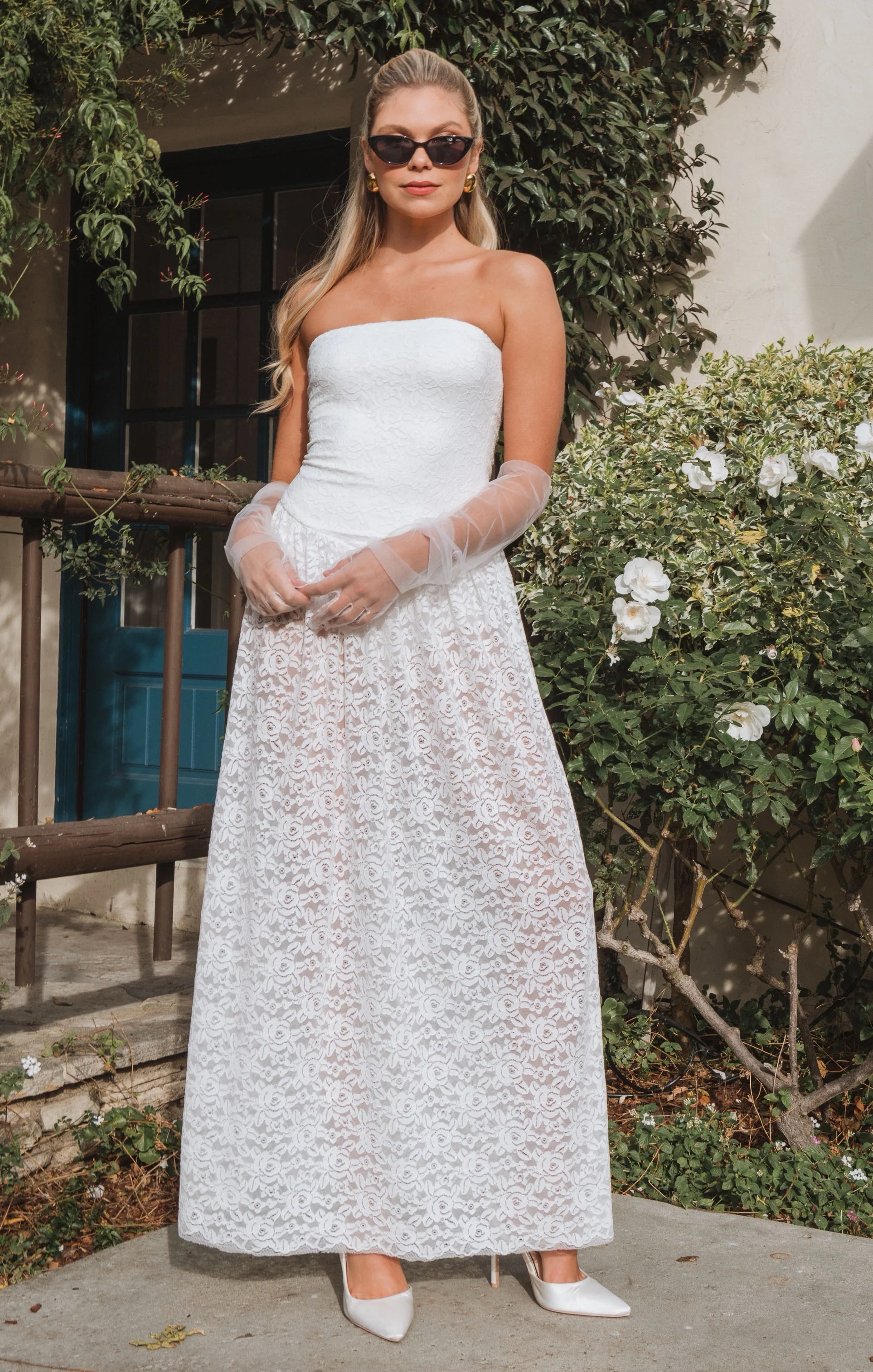 Mumu Diana drop waist strapless lace dress
