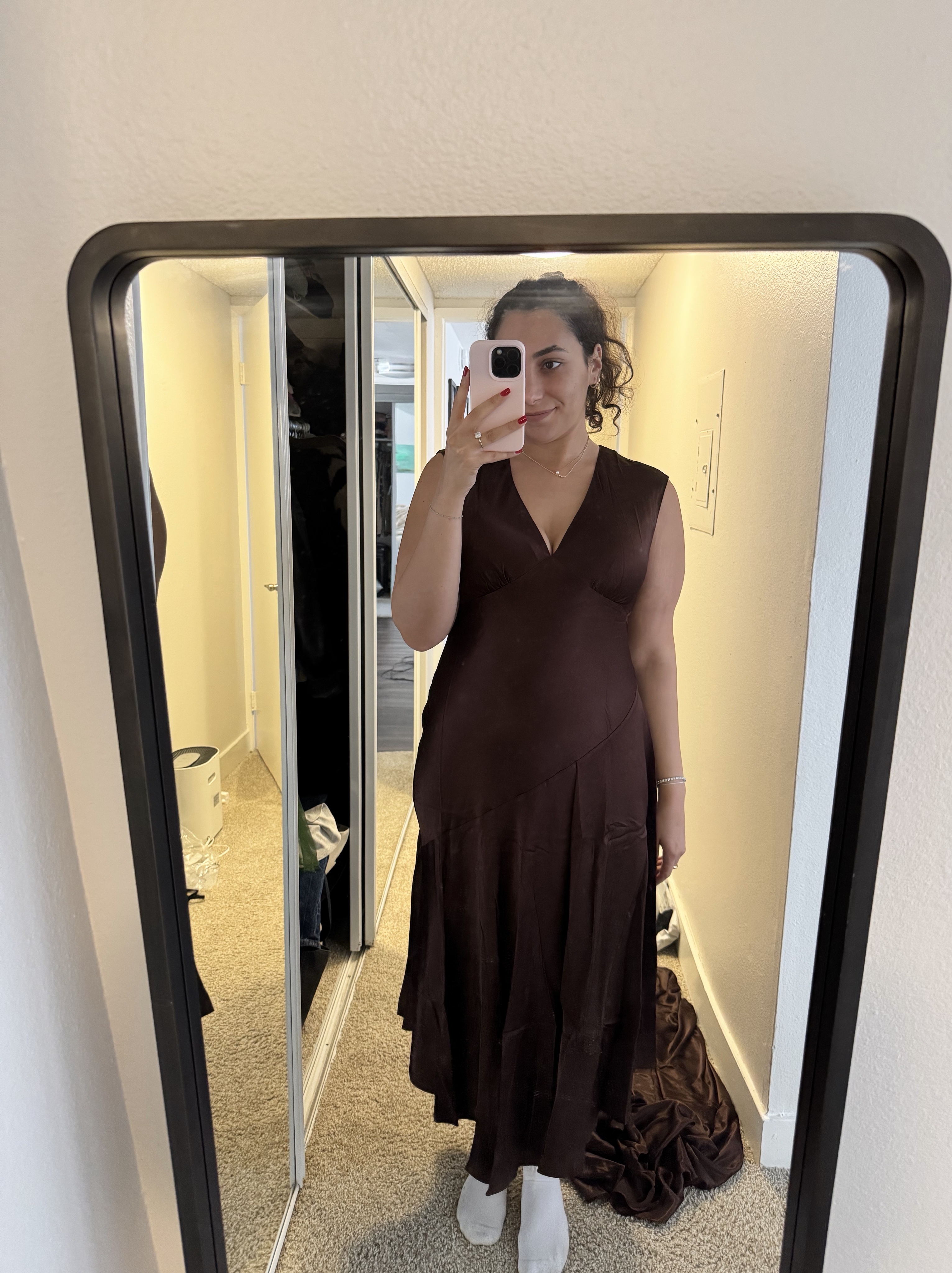 rails brown satin dress Rails Eleni Chocolate Brown Asymmetrical Satin Midi Dress by Rails