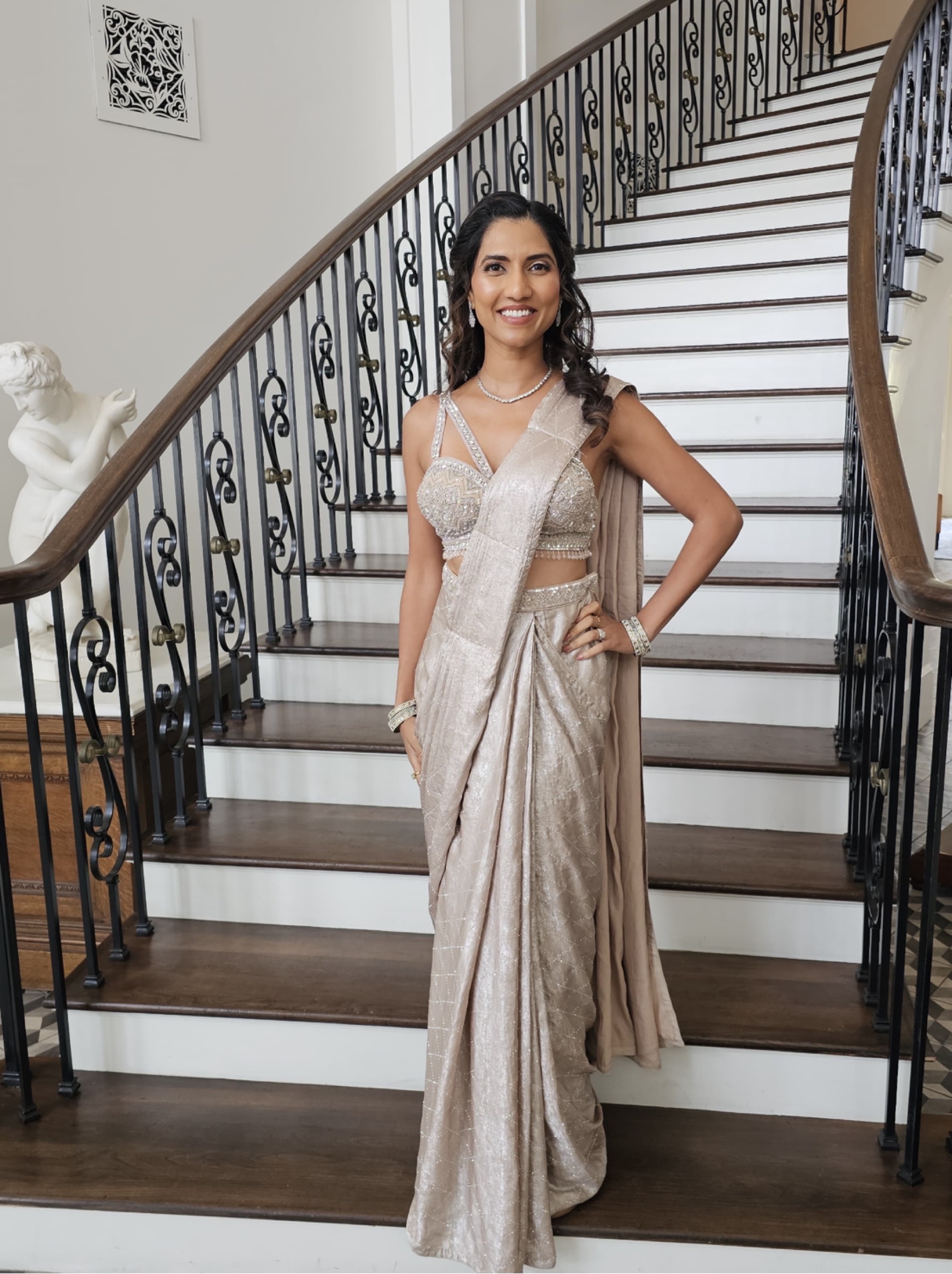Gold shimmer pre stitched saree