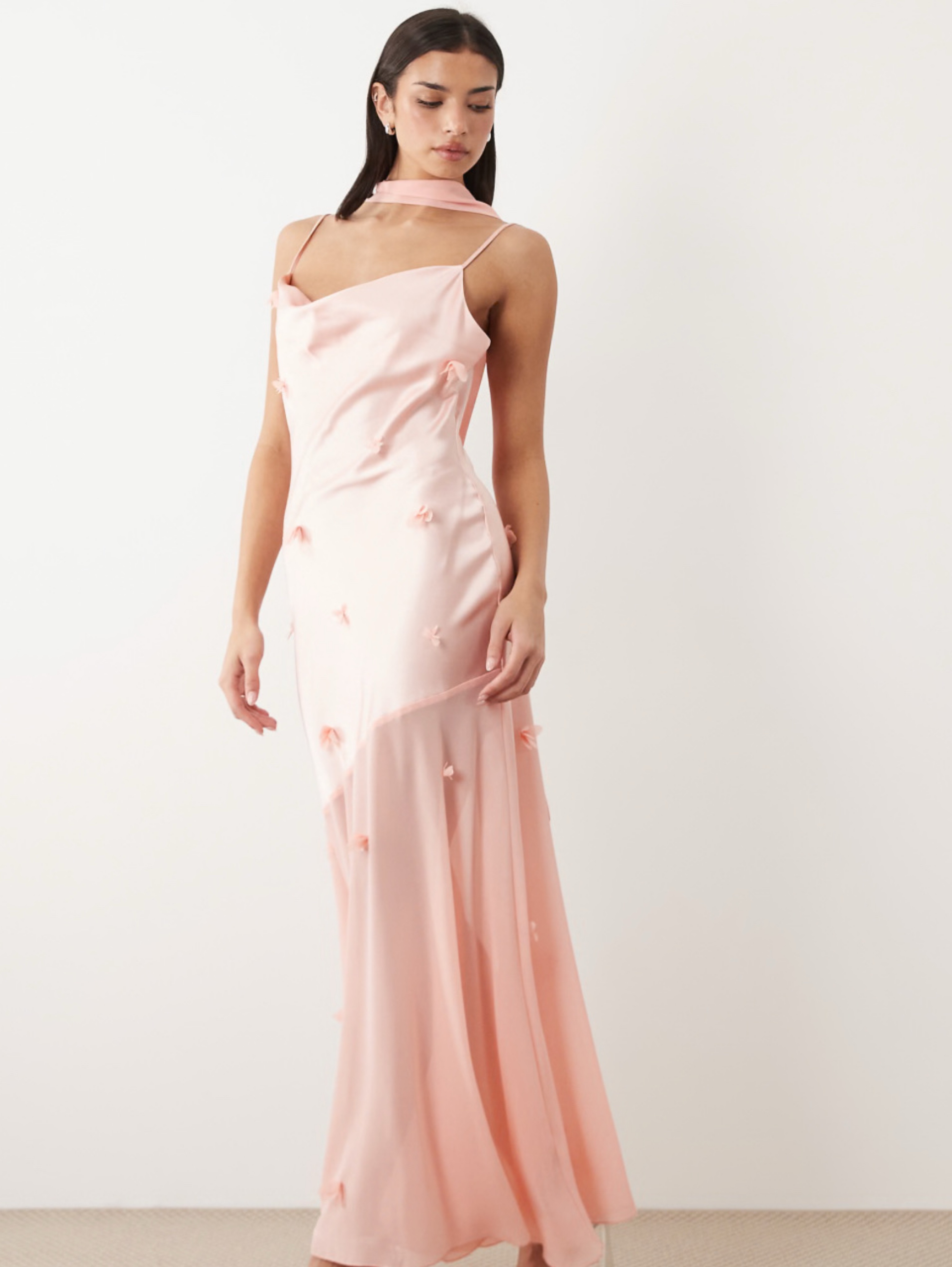 pink satin dress asos ASOS DESIGN plunge stretch satin maxi dress in baby pink