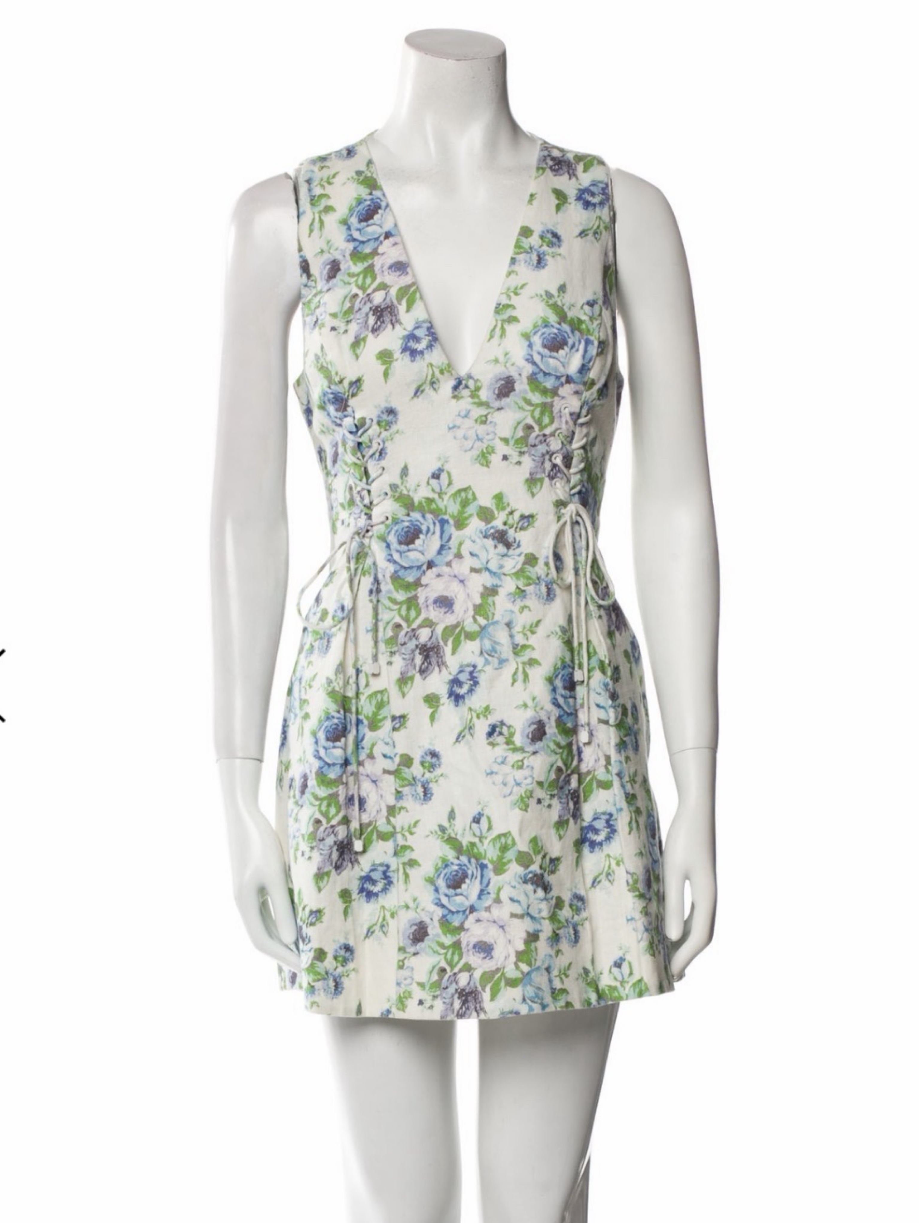 Zimmermann Linen Floral Mini Dress Lace Up Front
