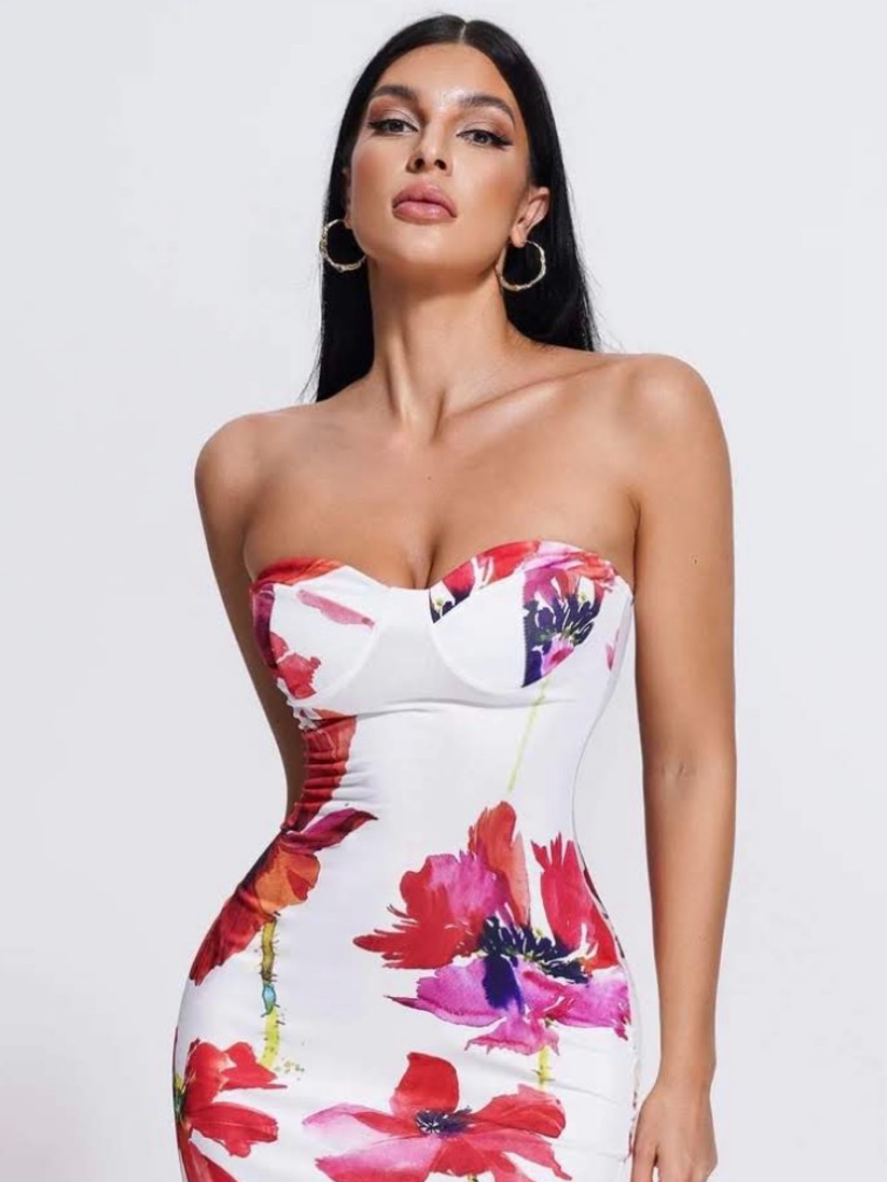 strapless floral dress knee length Strapless Floral Cocktail Dress 4 / Soleil/Multi