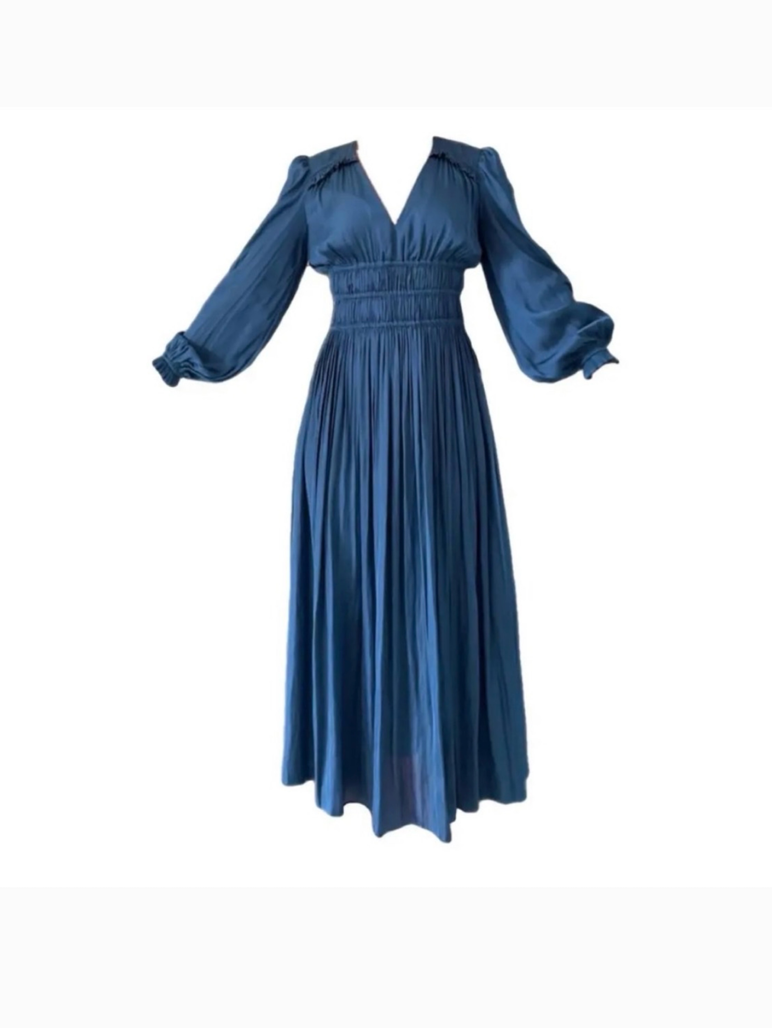 Maje Silk Navy Blue Pleated Puff Sleeve Midi Dress