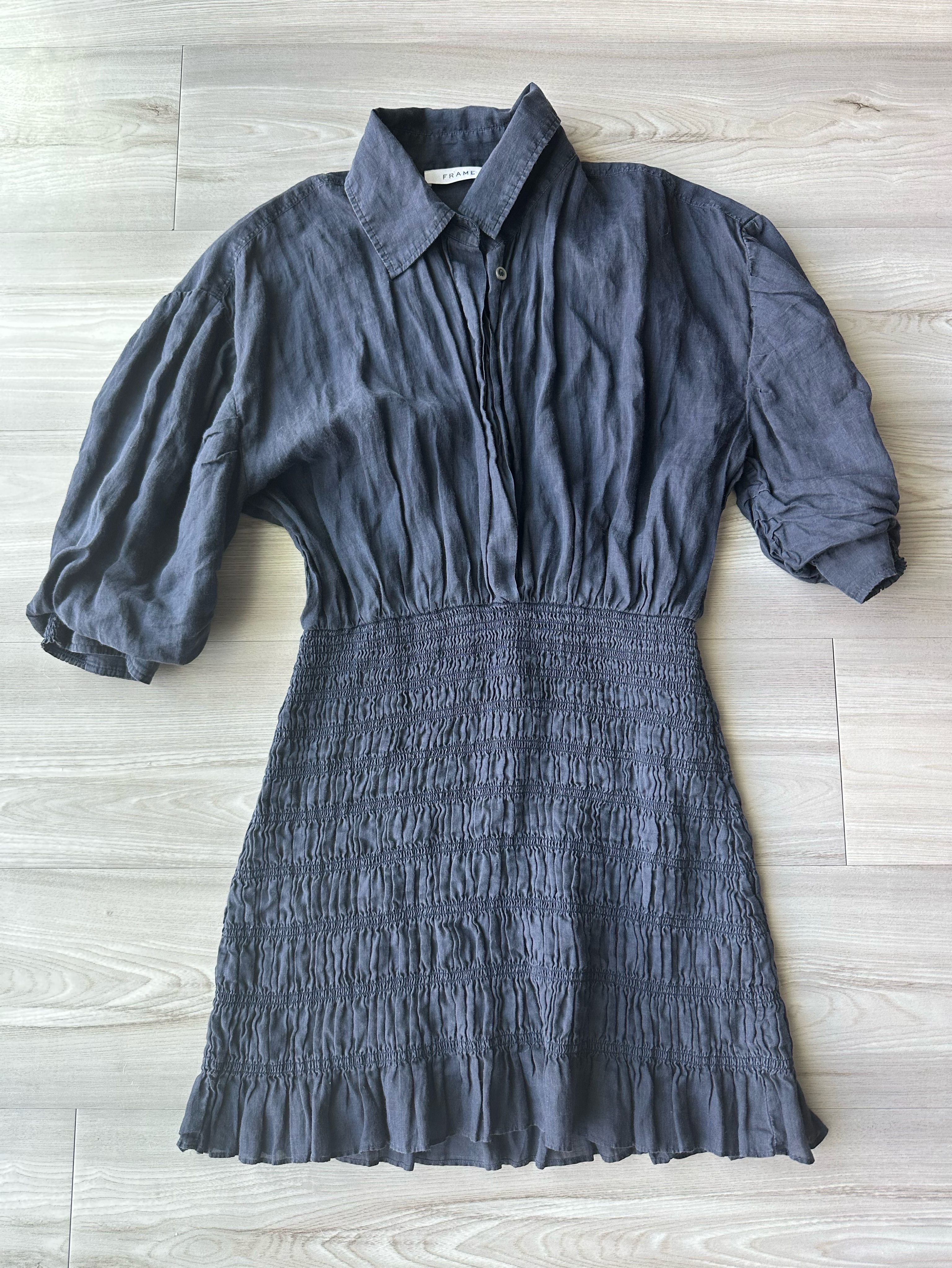 frame smocked shirt dress FRAME Denim Smocked Shirt Dress - Navy