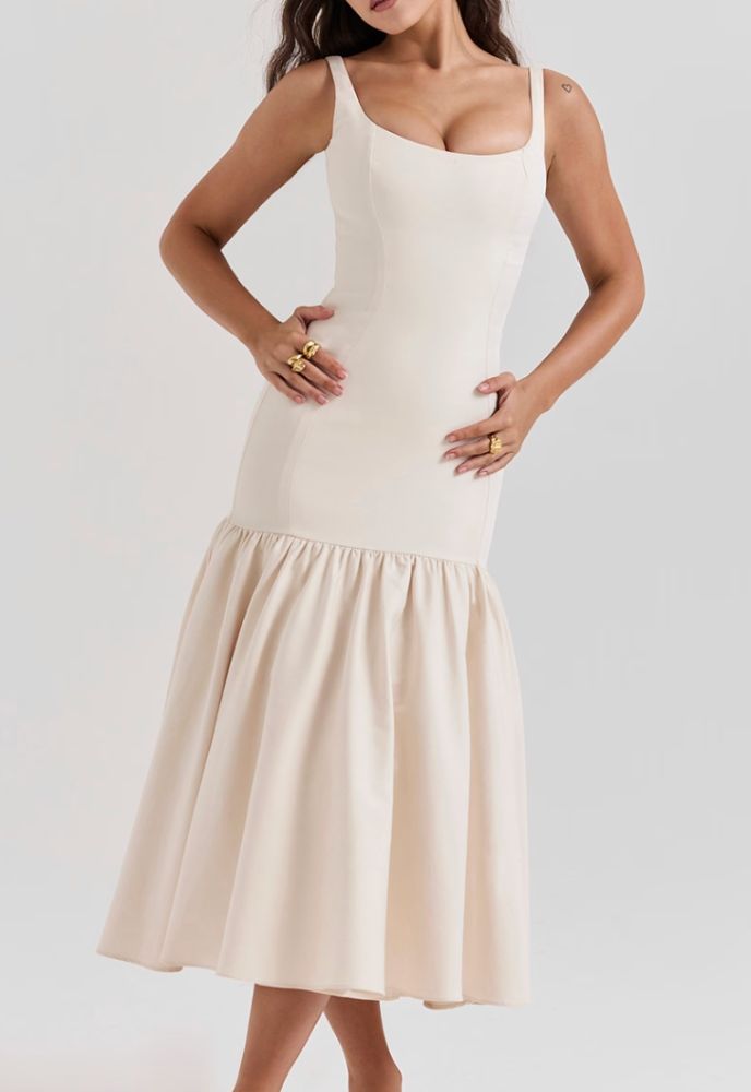 cream drop waist midi dress Vestido Mini Rue Pleated Drop Waist - Crema