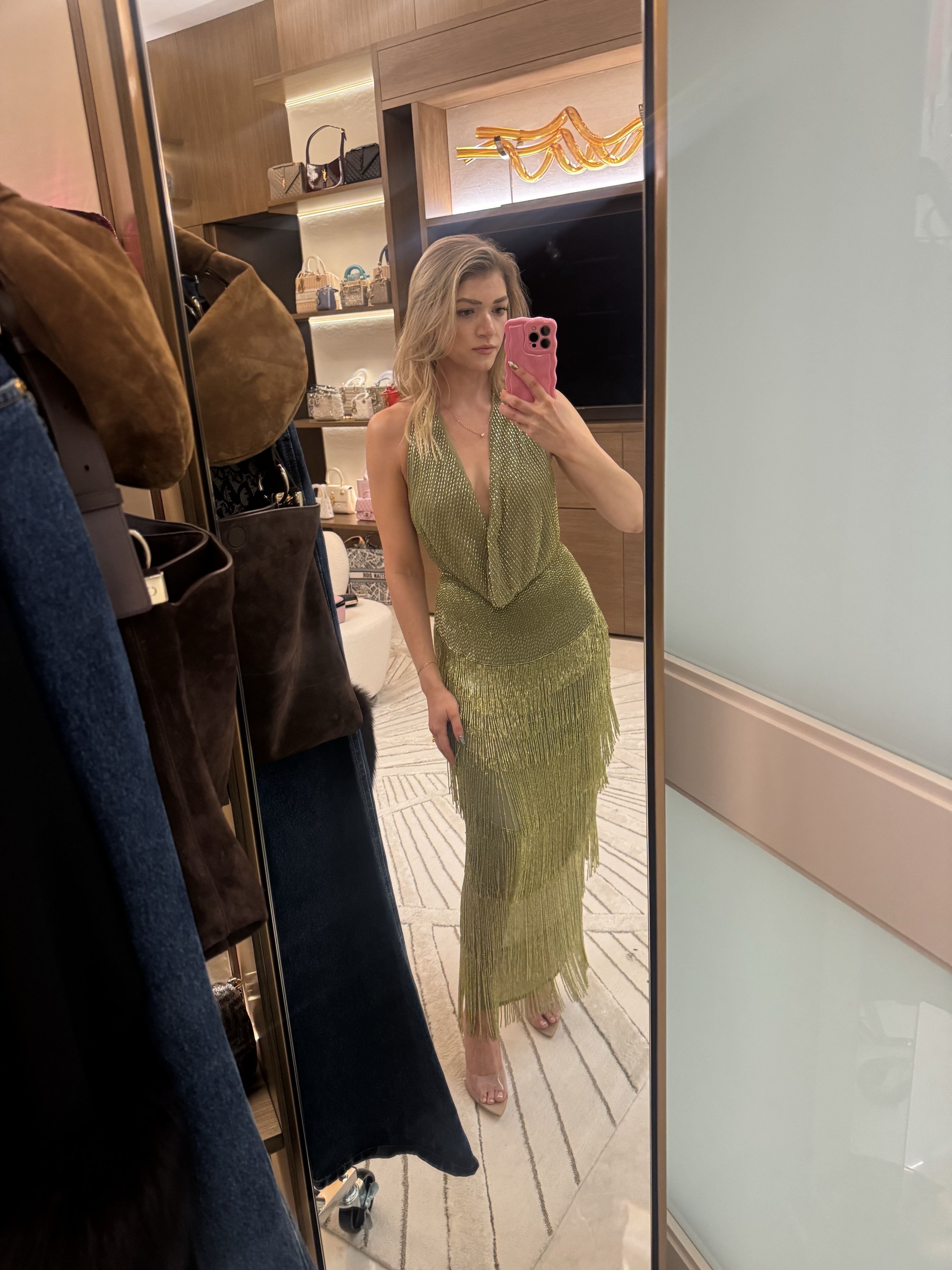 Beaded Fringe Plunge Cowl Neck Dress in Olive
