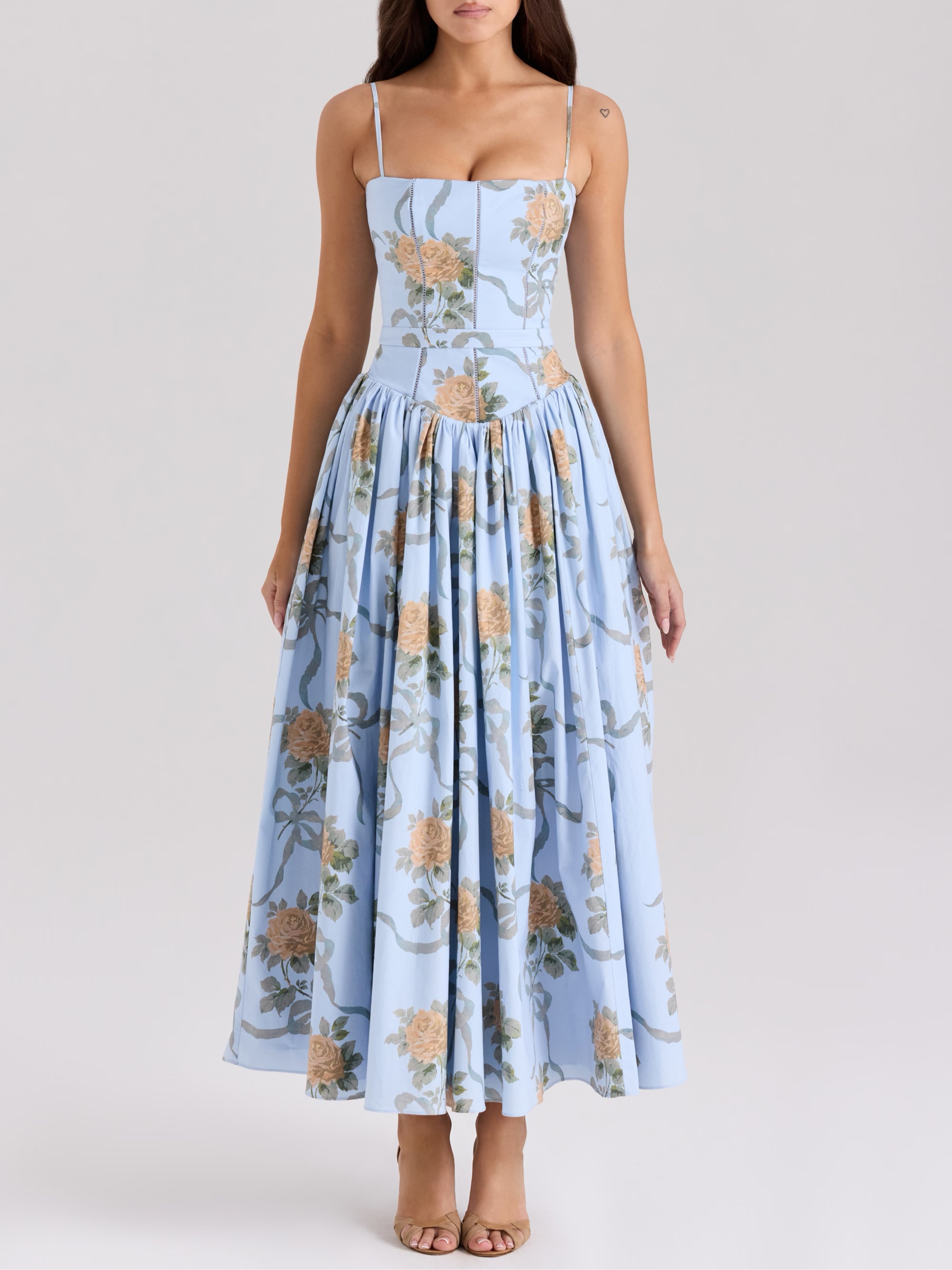 House of CB — Ysabella Dress | Blue Vintage Rose Print Cotton Midi Sundress