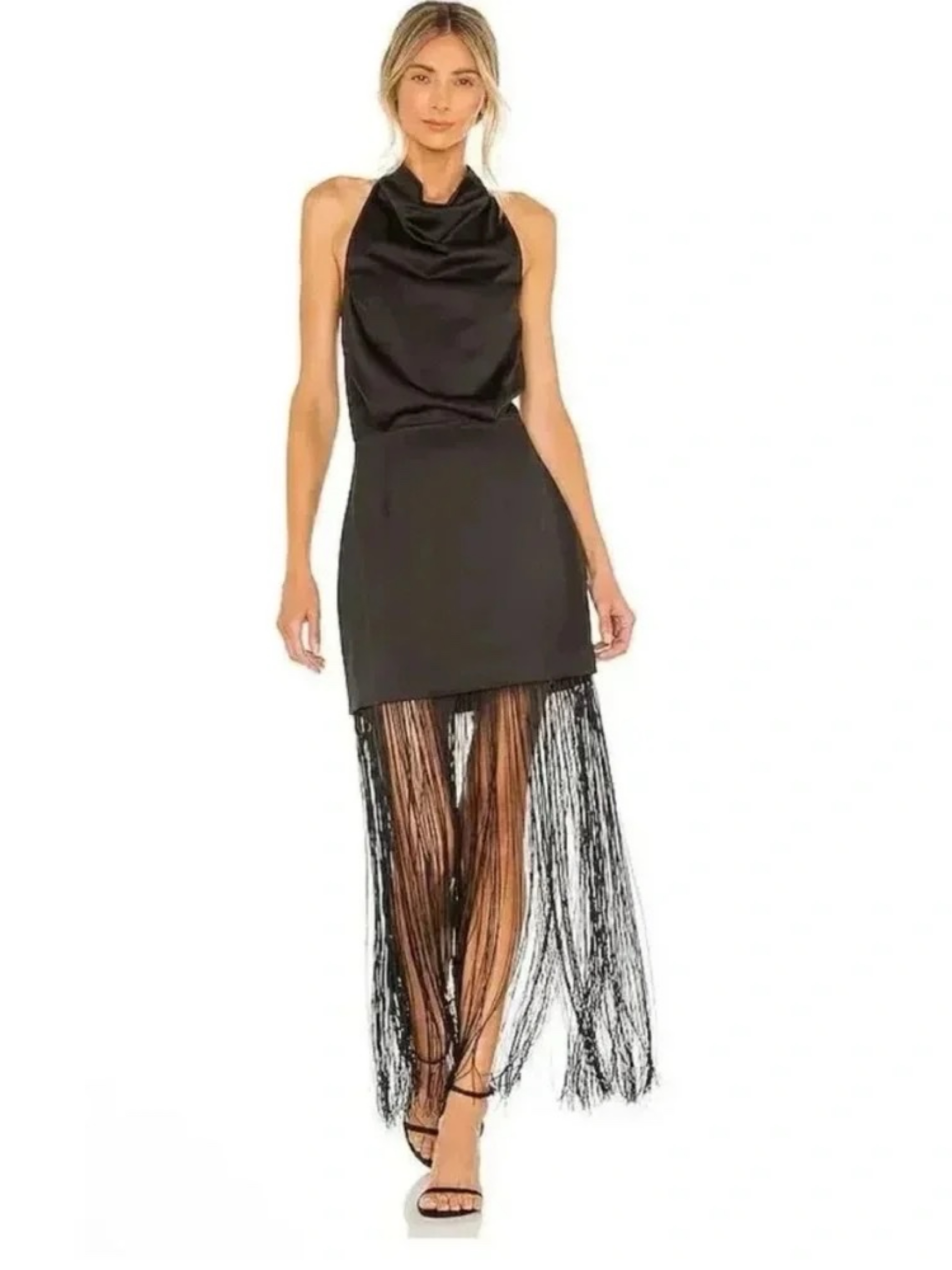 ELLIATT x Revolve Beatrice Halterneck Draped Neckline Fringe Black Dress